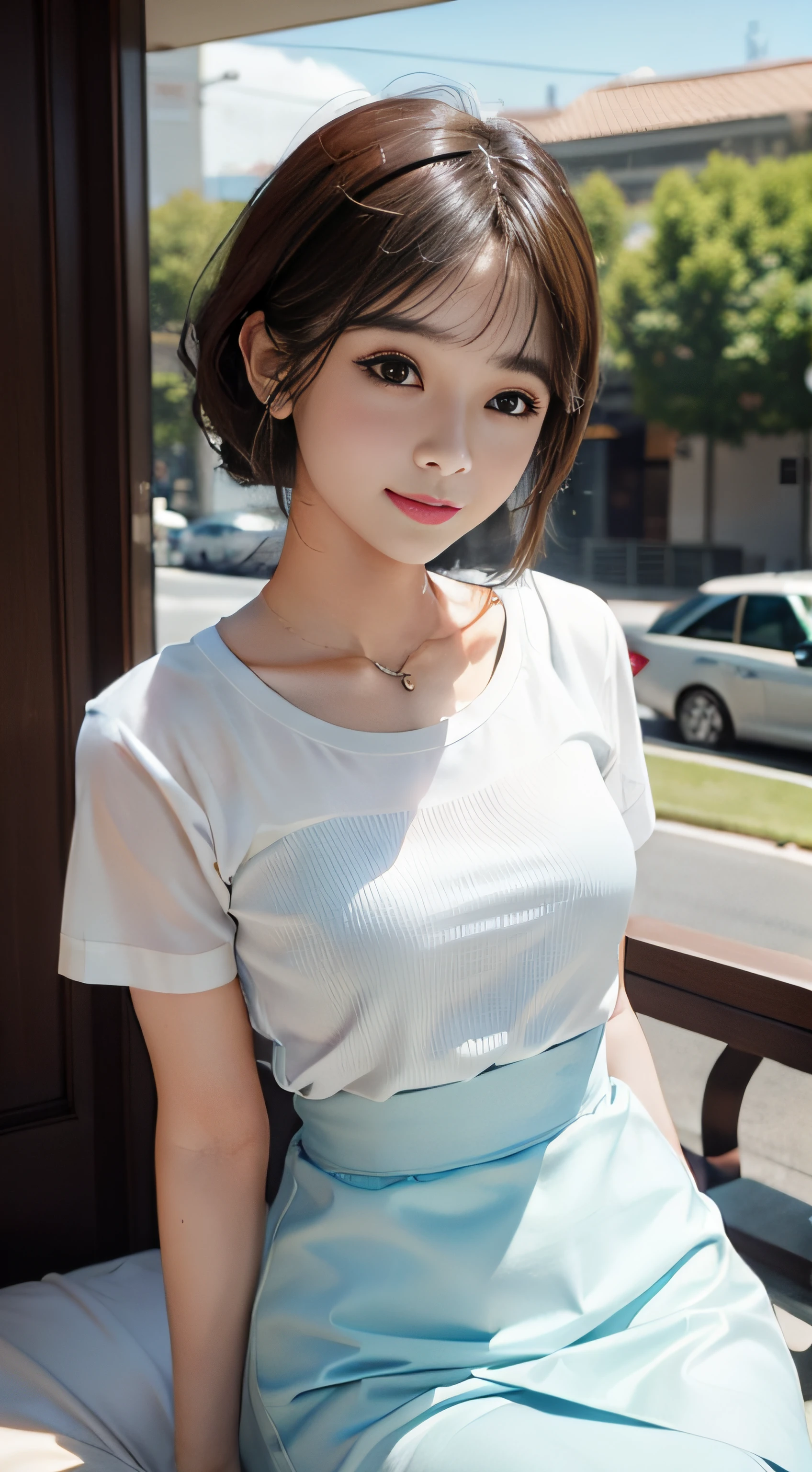 masterpiece、Top image quality:1.2、((beautiful young woman with))、Transparent skin:1.2、{A slight smil}、(kawaii)、Short sleeve knit、luxury hotel、depth of fields