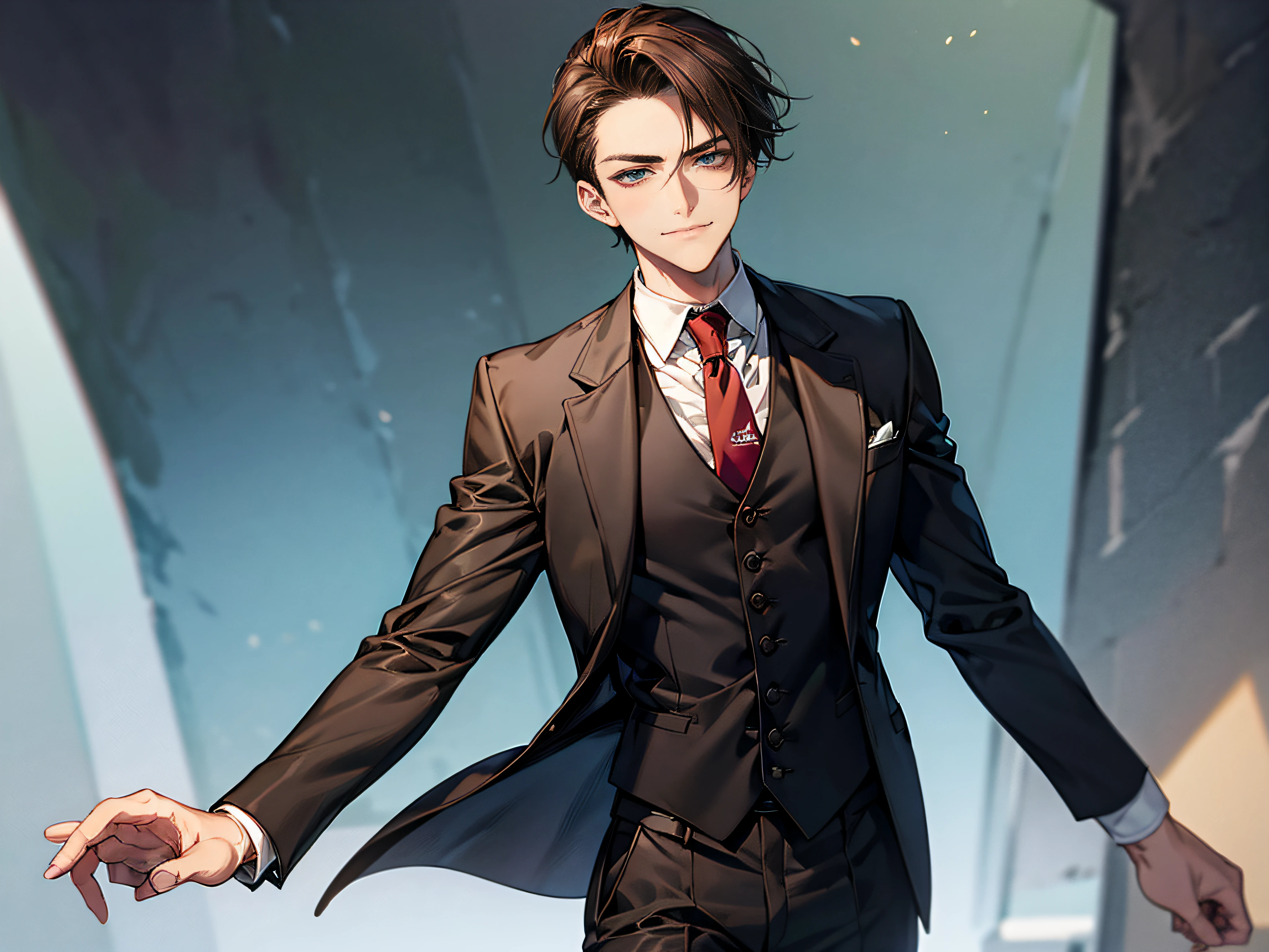 1boy, dark brown hair, bluish-greenish eyes, Red tie, Black suit pants, Black Suit Vest, White shirt, Fantasy World, No suit jacket, smug, friendly, A young man,