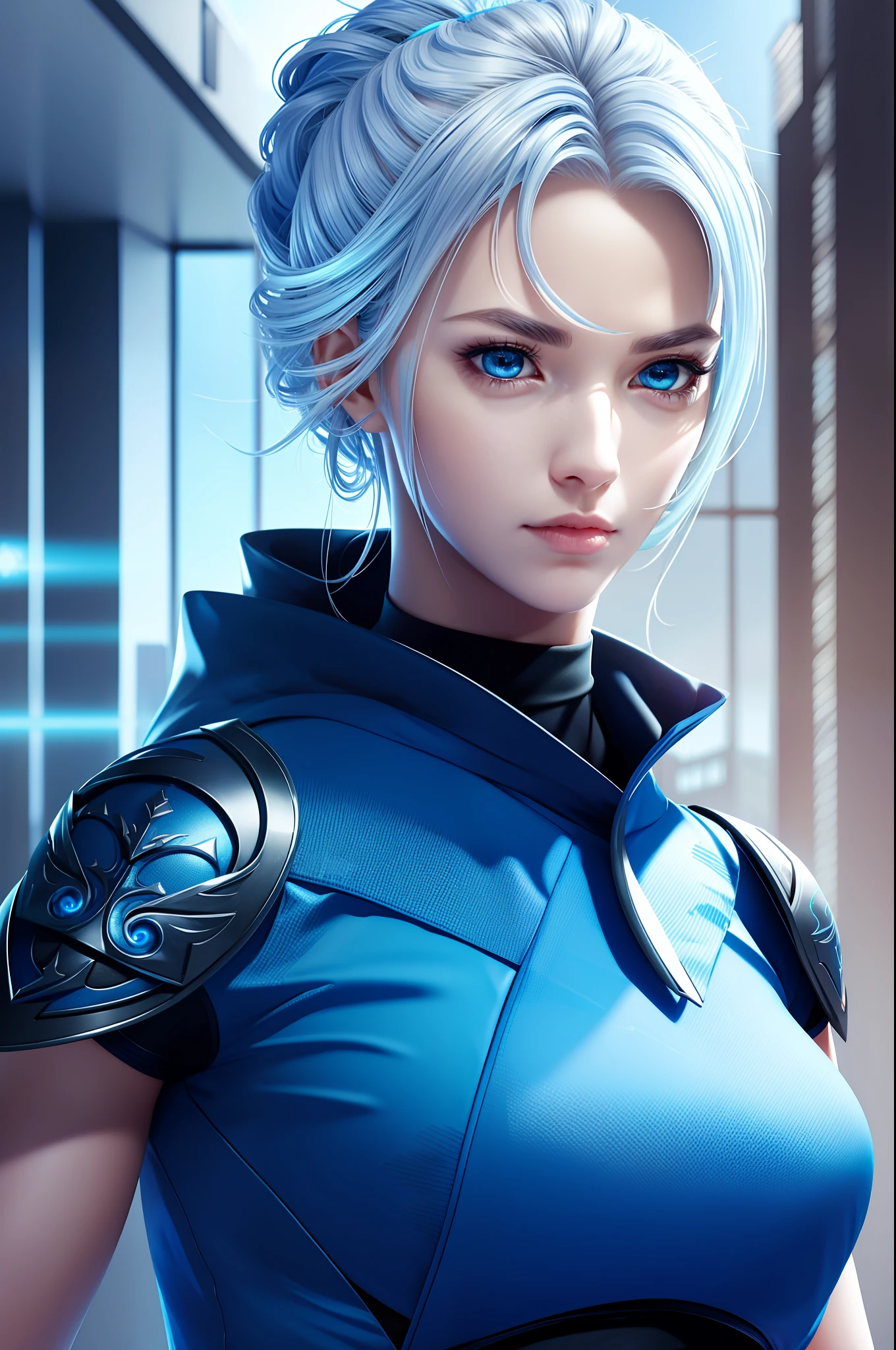 jett valorant, focused upper body, 1 girl, wearing blue ninja outfit, sparkling blue eyes, silver hair, highrise building background, nice perfect face with soft skin, intricate detail, 8k resolution, masterpiece, 8k resolution photorealistic masterpiece, professional photography, natural lighting, detailed texture,