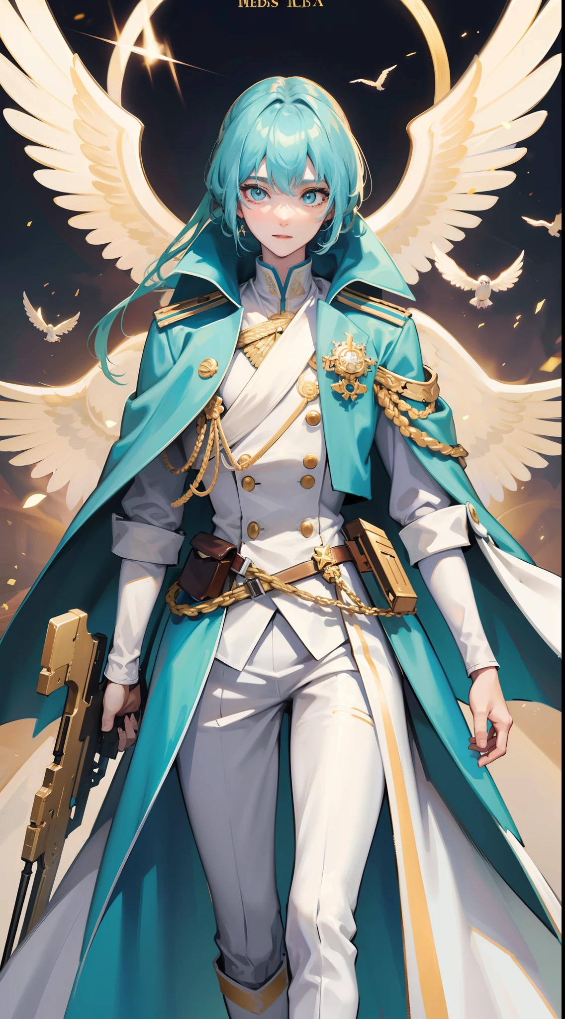 Tall guy, Stunted pigeons, Cyan eyes, ssmile, Beautiful white soldier's uniform, Gold Elements, Two magic pistols, hiquality, 4k, HD, Good detail