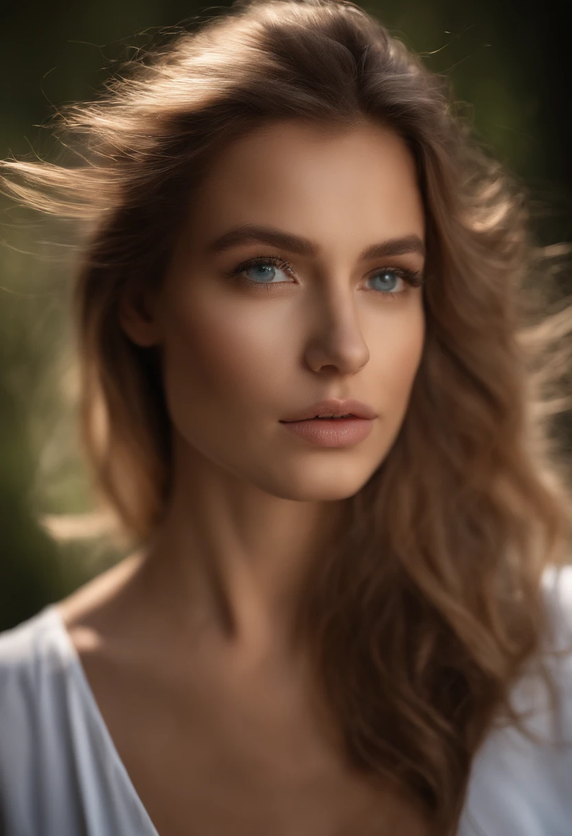 Meisterwerk, realistisch, Detaillierte Augen, beautiful, Blick auf den Betrachter, natural lightting, Depth of field, 21 Jahre alt, Weiblich, nur, ((dunkelbraune Haare)), blaue Augen, White, formelles Hemd, smil, Lippen, upper body, portrait, nahaufnahme, Vorderansicht, outside, Superfeines Gesicht