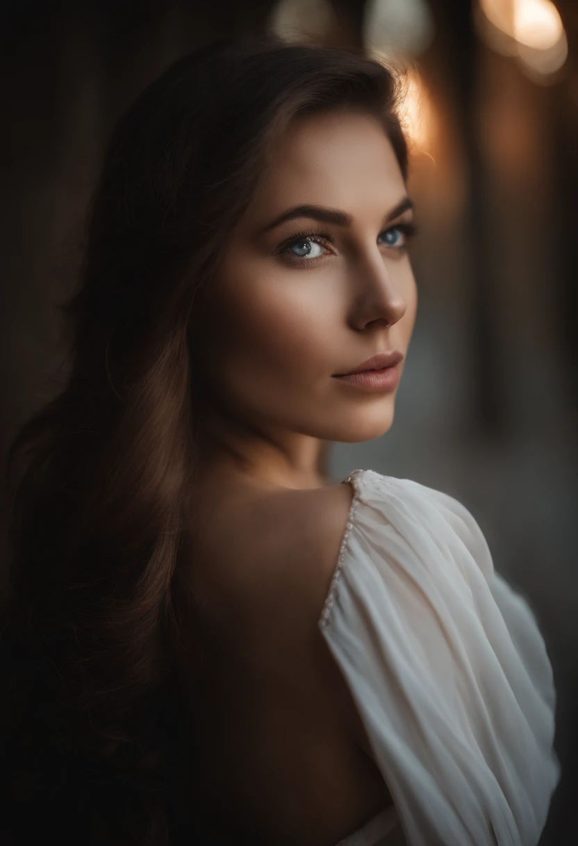 Meisterwerk, realistisch, Detaillierte Augen, beautiful, Blick auf den Betrachter, natural lightting, Depth of field, 21 Jahre alt, Weiblich, nur, ((dunkelbraune Haare)), blaue Augen, White, formelles Hemd, smil, Lippen, upper body, portrait, nahaufnahme, Vorderansicht, outside, Superfeines Gesicht