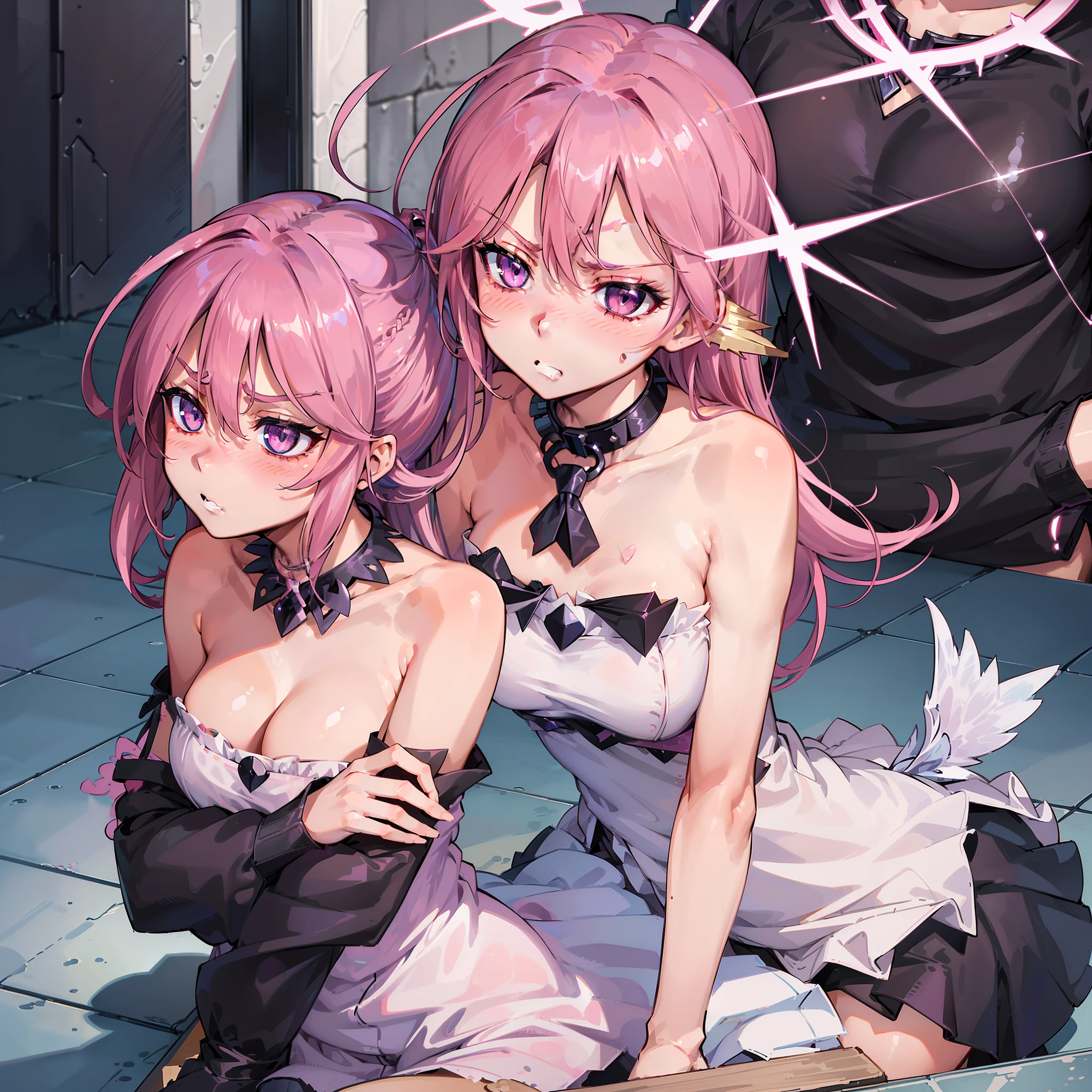 Jibril, ((upper body)), blushed, perfect anatomy, detailed eyes, detailed lips, extremely detailed eyes and face, vivid colors, sharp focus, masterpiece:1.2, ultra-detailed, blushed, ((doggystyle)), (solo), ((dress)), sleeveless, ((((random hairstyle)))), (((disdain, disgust))), ((black collar))