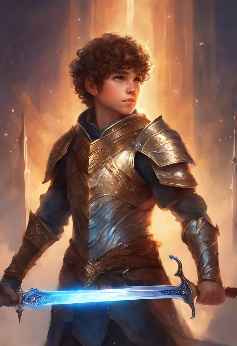 13 year old boy with short curly brown hair brown eyes and high tech armor
