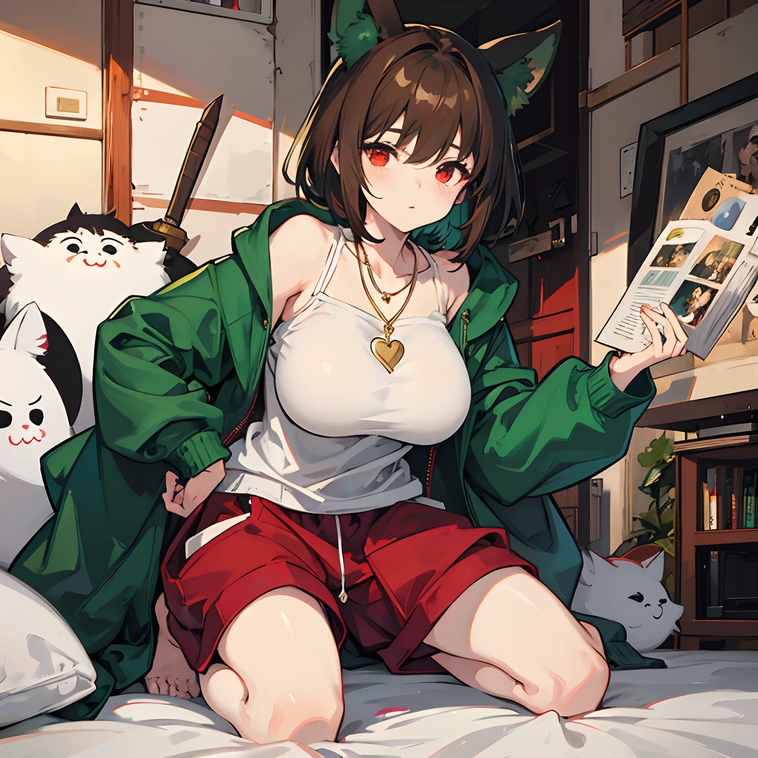 undertale,chara,solo person,Lone wolf,shadowy,guffaw,red - eyed,Sick,morden,Cold-blooded killer,Green hood,brown shorts,daggers,stocklings,Full body standing painting,with short brown hair,Be red in the face,Hand repair,the detail,k hd,Gold love heart necklace,Close to the original,illustration,CG,anime big breast,quadratic element(Optimal image quality,tmasterpiece,sexual appetite)