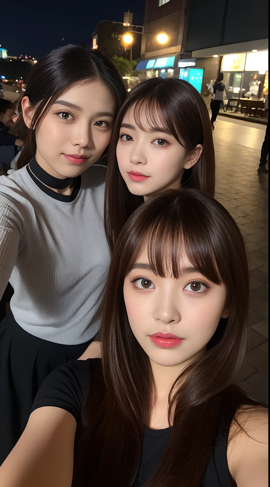 (8K,Raw photo、Raw photo、top-quality、Master masterpiece:1.2)、ultra-detailliert、Super Resolution、(Photorealsitic:1.5)、((Pointing at the camera))、high resolution RAW color photos、professional photograpy、indirect lighting、Female proofreading of Japan from head to waist、Point your finger at the camera、Point your finger here、Blur the background、(Very beautiful and detailed night cherry blossom trees 1:1.37)((Beautiful night with a cherry blossom blizzard))、fullmoon、Very detailed and beautiful、Ultra-high image quality、Half-up hairstyle、Bun hair、poneyTail、High school girl in sailor suit、(Puffy cheeks)Detailed uniforms、Each face has its own distinctive features、Different face patterns、Farbe々Hairstyle、Brown hair fluttering in the night breeze、Hair swaying and sexy、Very detailed beautiful girl、(Pink Eye Shadow)、Red tie、Smiling smile、Pointing at the camera、Pointing