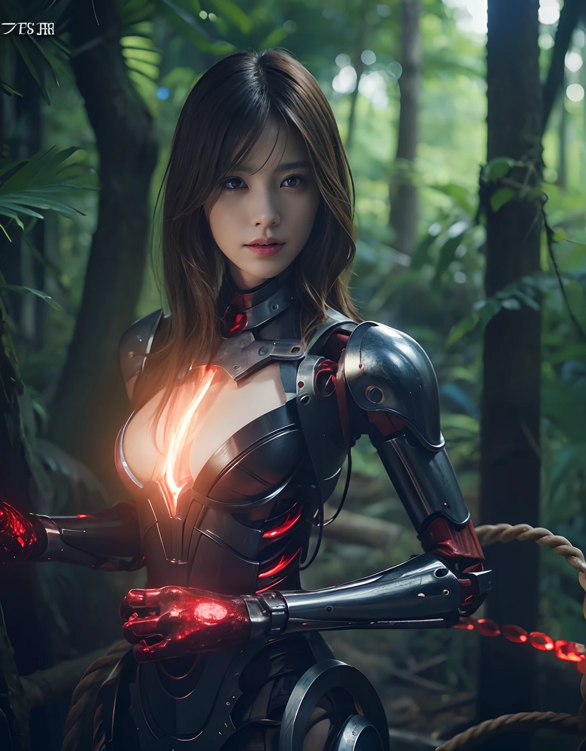 (1 Mechanical Girl)、top-quality、​masterpiece、超A high resolution、(Photorealsitic:1.4)、Raw photo、1人、Golden hair、glowy skin、(((1 Mechanical Girl)))、With a beautiful knife、（Blue Metal Bodysuit）、(beautiful forest background)、(Fighting Demonic Beasts)、(Small LED)、((super realistic details))、portlate、globalillumination、Shadow、octan render、8K、ultrasharp、Colossal tits、Raw skin is exposed in cleavage、metals、Details of complex ornaments、Japan details、highly intricate detail、Realistic light、CGSoation Trends、Red Eyes、radiant eyes、Facing the camera、neon details、(Mechanical limbs)、(blood vessels connected to tubes)、Mechanical vertebrae attached to the back、mechanical cervical attaching to neck、(Wires and cables connecting to the head)、Gundam、Small LED、,Mechanical thighs、Toostock、（Hands are also made of machines）、