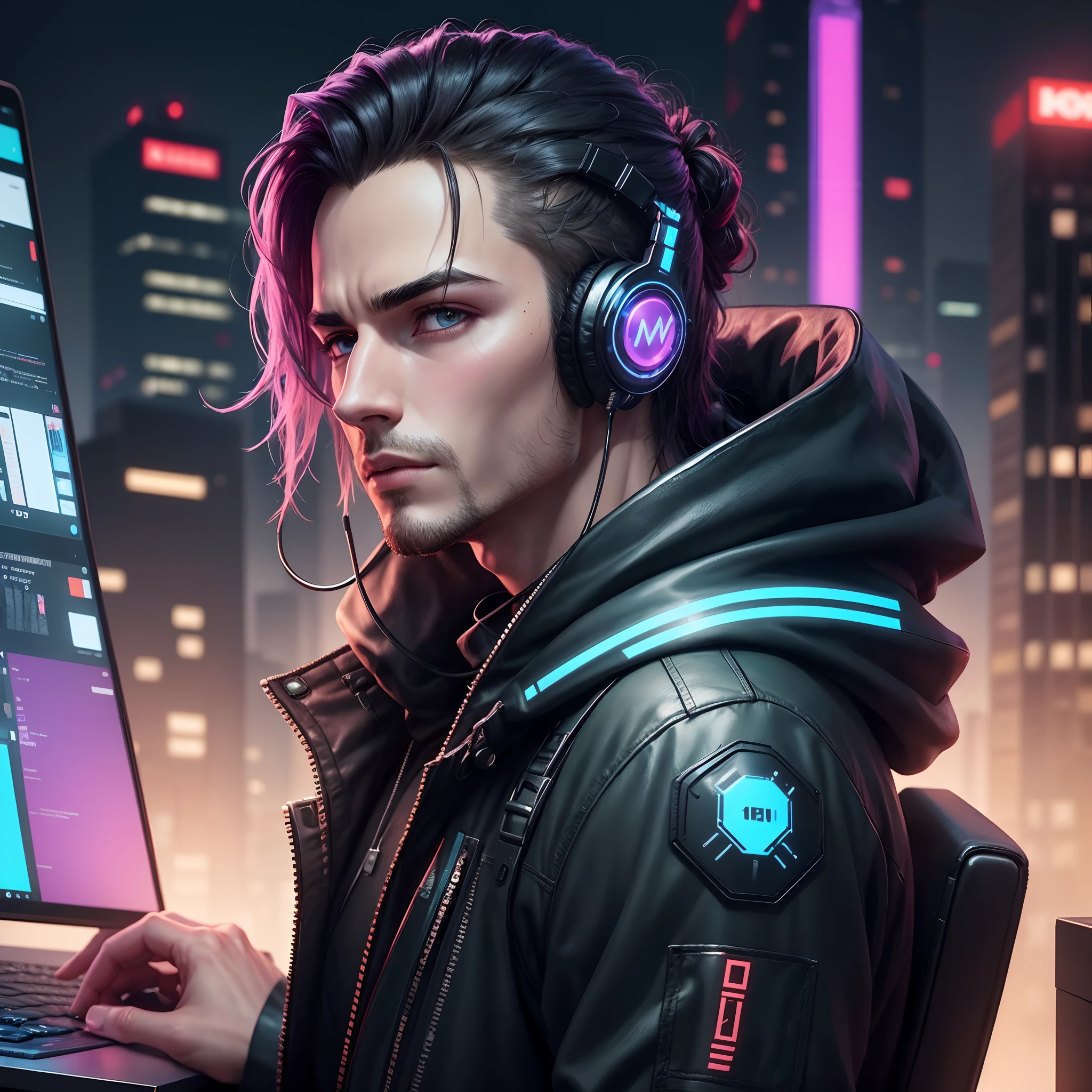 Generate an a man in front of computer with headphones and develop an ios application, realistic ultra realistic face with cyberpunk background