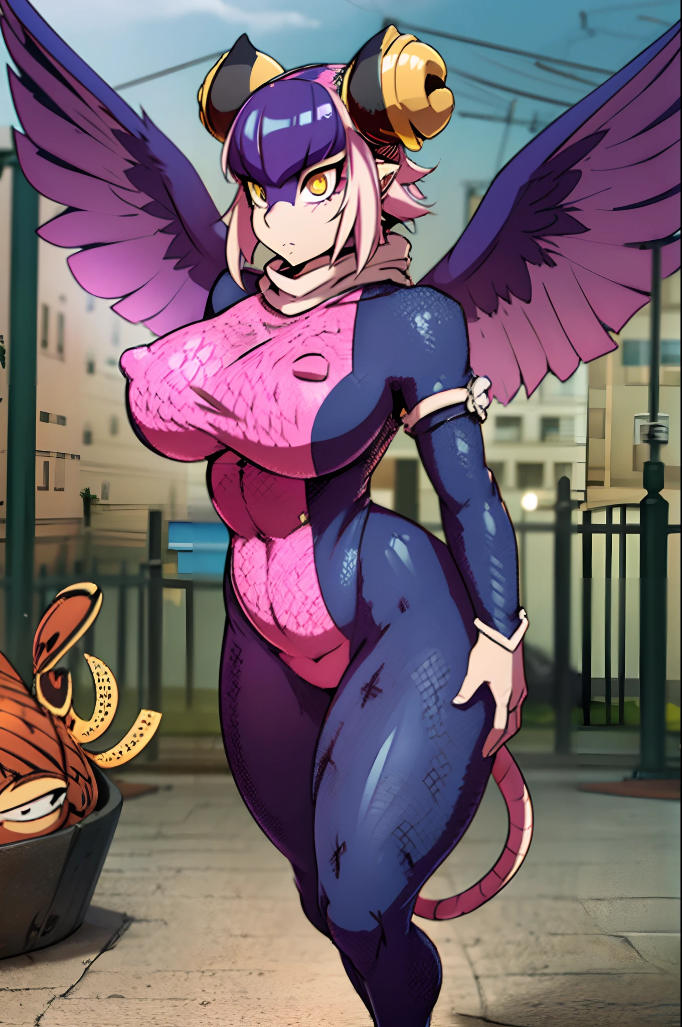 character portrait of a sexy, adult, (female:1.4), (anthro:1.2), brunhilda, horns, wings, tail, yellow eyes, purple wings, thick, (volumpous:1.2), hi res, soft shading, detailed eyes, beautiful eyes, detailed face, good anatomy, detailed scales, 1tail, tail, cinematic lighting, by woolrool, crayon \(artist\), buta99, breasts, short pink skirt, pink dress and robe, thighs, athletic, (bedroom:1.2),standing (realistic scales, scales, realistic scale texture), detailed background, outdoors, slit pupils, orange eyes, horns, wings, standing, full body