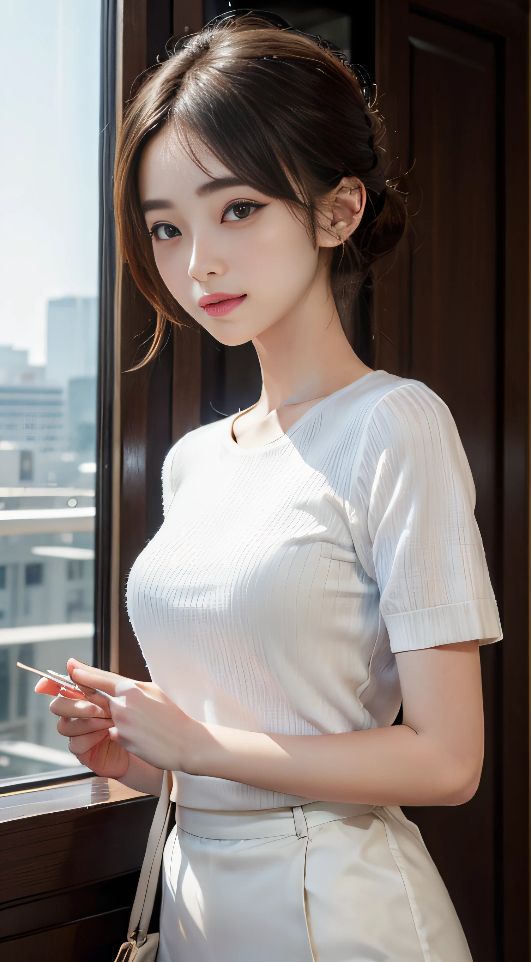 ​masterpiece、Top image quality:1.2、((beautiful young woman with))、Transparent skin:1.2、{A slight smil}、(kawaii)、Short sleeve knit、luxury hotel、depth of fields
