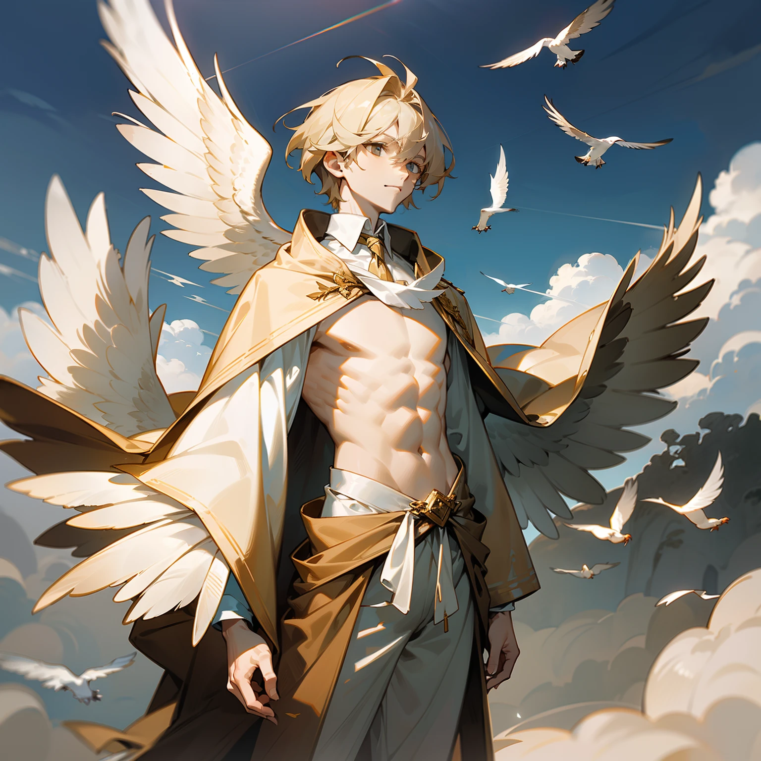 young man, (twink), (male), (((slim body))), (((flat chest))), slim waist, ((pale skin)), ((beige colored hair)), (((beige hair))), ((beige feathers)), ((brown feathers)), white feathers, (birds), owls, doves, standing on top of a tall mountain, white ribbons wrapped around body, transparent fabric, wearing only white fabric and feathers, feathered god, ((wings on his back)), clouds below, (standing on top of a pointy rock), ((wearing white toga)), (feather accessories)