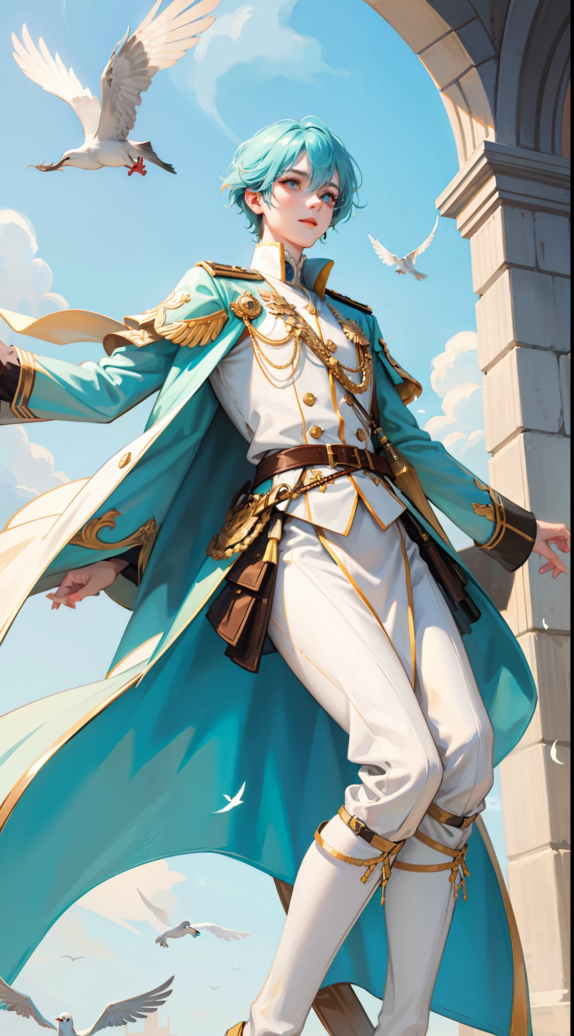 Tall guy, Stunted pigeons, Cyan eyes, ssmile, Beautiful white soldier's uniform, Gold Elements, Two magic pistols, hiquality, 4k, HD, Good detail