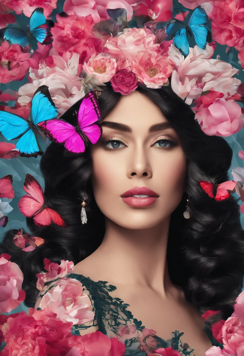 mulher negra, elegante, vivid colors, Atmospheric,sereno,lua cheia brilhante ao lado direito, Magic, elegante, Borboletas,lua cheia, flores florescendo, em movimento, Dramatic, corpo inteiro, organic composition,Foto bruta Magic