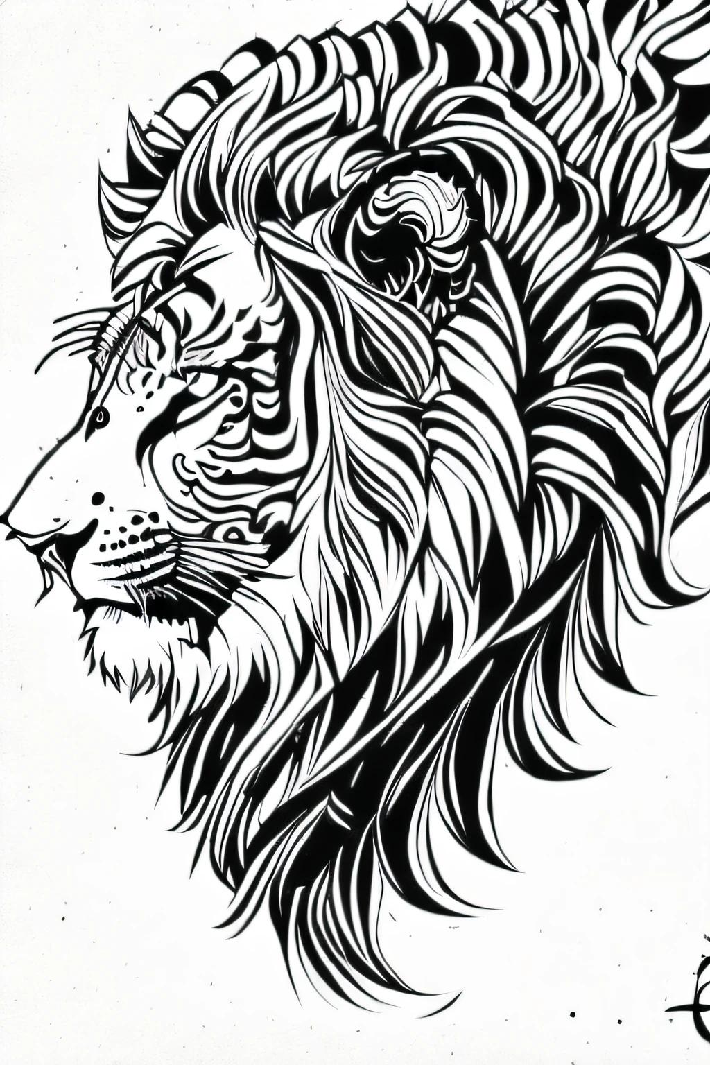 Coloring page for adults, bold lines, dark lines, lion body
mandala, mandala lion face, mandala face, symmetrical, white background, clean line art, thin line art, black and white