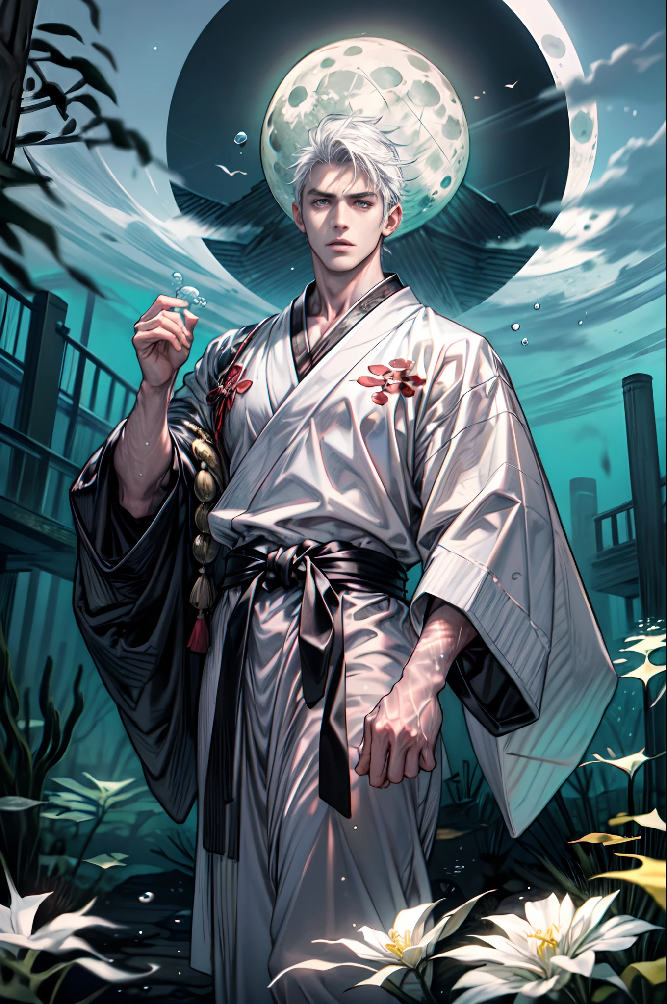 (Best quality,4K,8K,A high resolution,Masterpiece:1.2),Ultra-detailed,A person under the water of the Yellow Spring,komono,(People underwater:1.8), morbid,terroral,darkly,Handsome man who died,Handsome man,Dark scenes of Japan,A fog that covers everything,deep in the night,Japanese traditional style,A thick black fog enveloped everything,The atmosphere of death,Bleak white complexion,White skin,White skin,Black sky,There are a lot of bones in the water,Dirty and disgusting,There are a lot of bones in the water,Foggy,Endless steppe,(White full moon:1.5),Many aquatic plants,Many white flowers,The picture is gray,Low contrast,low-saturation,White super short hair,((Upright ultra-short white hair,Masculine face shape)))