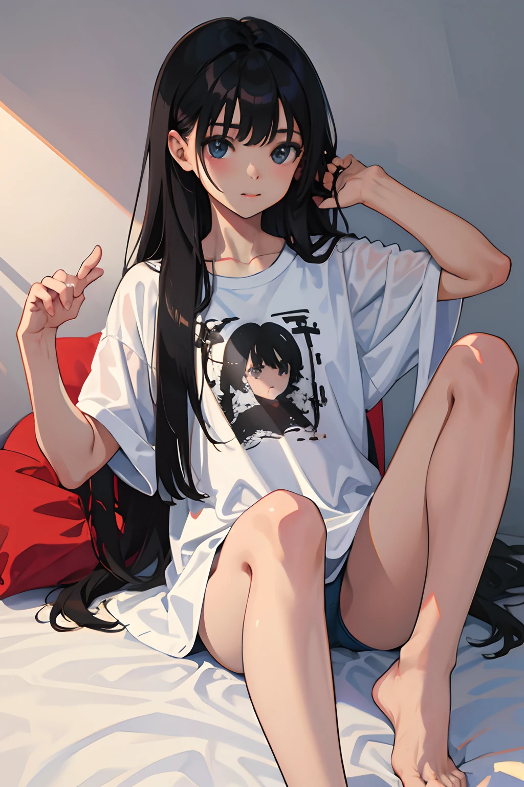 ,(masterpiece,Highest Quality),Long T-shirt,A dark-haired