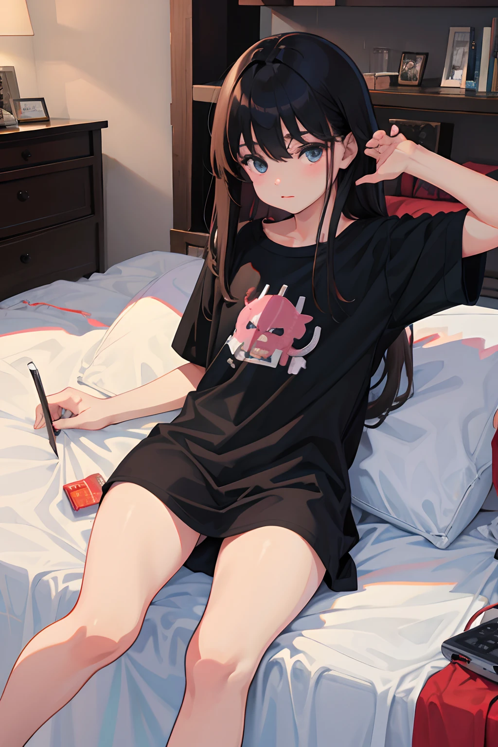 child,(masterpiece,Highest Quality),Long T-shirt,A dark-haired