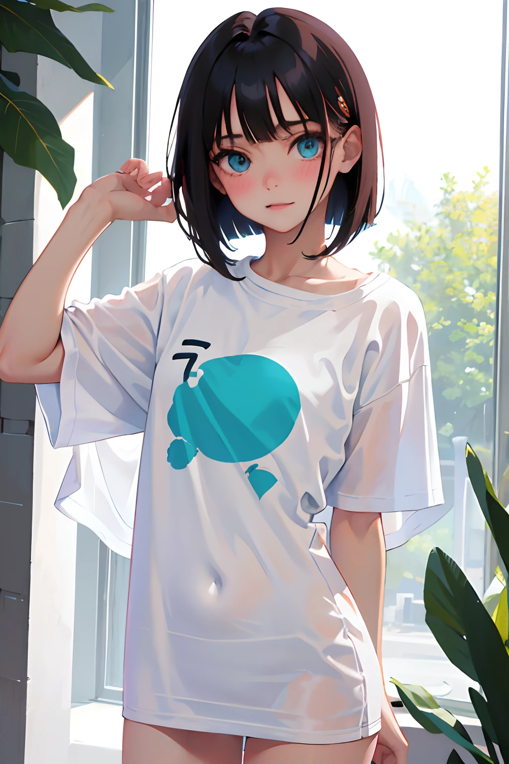 (masterpiece,Highest Quality),(),((Long white T-shirt,Onepiece)),(A dark-haired,Medium bob),Turquoise eyes,embarrassed from,red blush,Delicate body