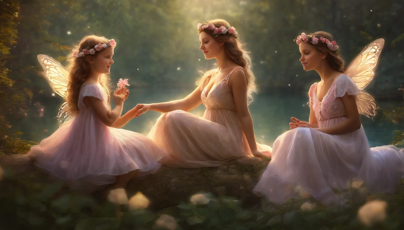 PREGNANT MOTHER AND TWO S DRESSED AS FAIRIES, NIGHTTIME, FLOWERS, NATURE, MOONLIGHT, 8K, resolution concept art portrait by Greg Rutkowski, Artgerm, WLOP, Alphonse Mucha dynamic lighting hyperdetailed intricately detailed Splash art trending on Artstation triadic colors Unreal Engine 5 volumetric lighting", K, CAUCASIAN, BLUE EYES, Italy