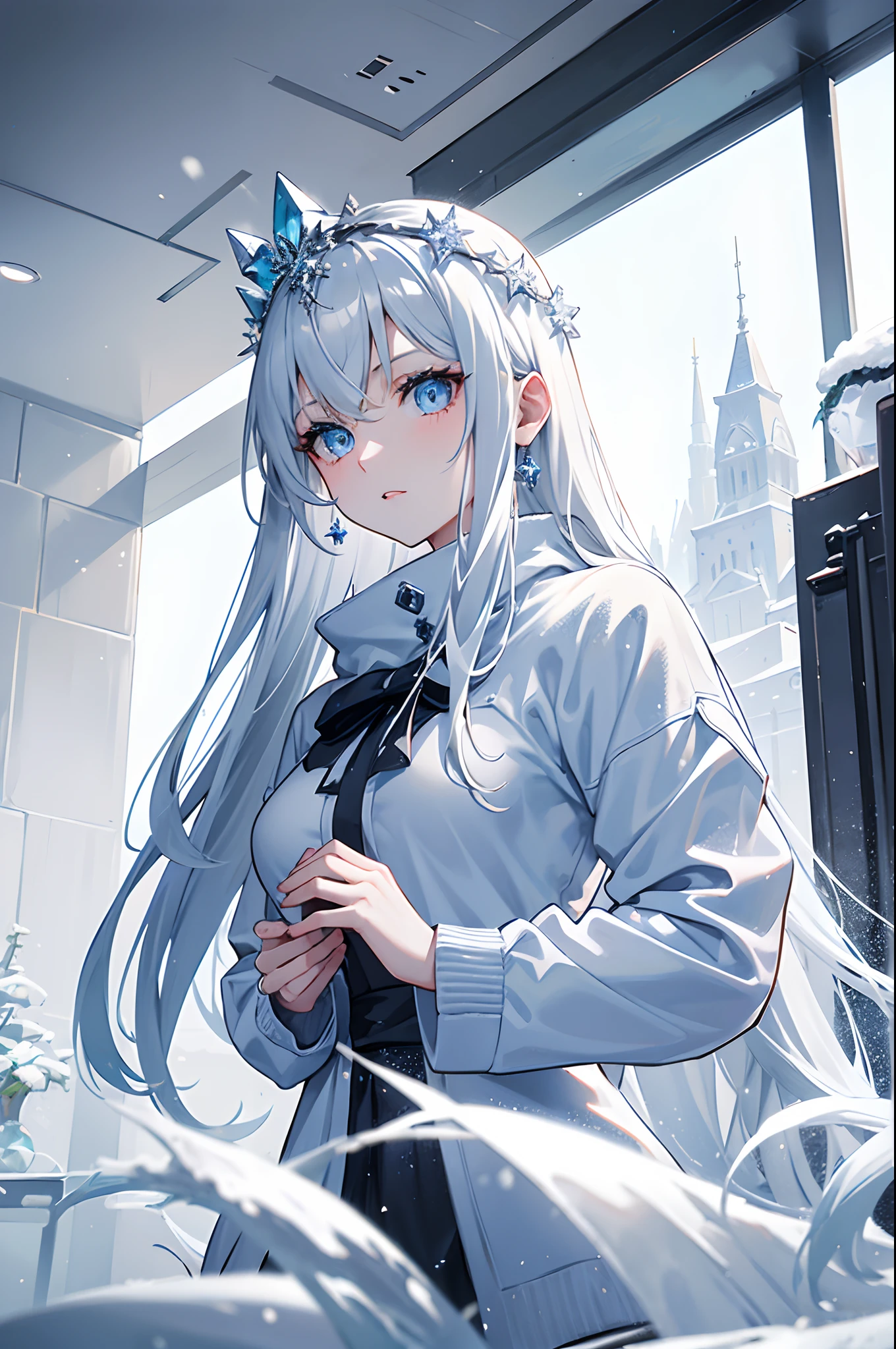 masterpiece, highlydetailed, ultra-detailed, cold, solo, (1girl), (pale skin), icyblue eyes, frosty white hair, cool Chara, flat face, young lady, lady chara, medium boobs, Arrogant, confident, cold face, goddess, cool kuudere girl, sharp eyes, (snowy background), snowflakes, (frozen flowers:0.5), (crystal crown), (sparkling ice crystals), (modern casual clothes), (snow-covered ground), (icy breath)