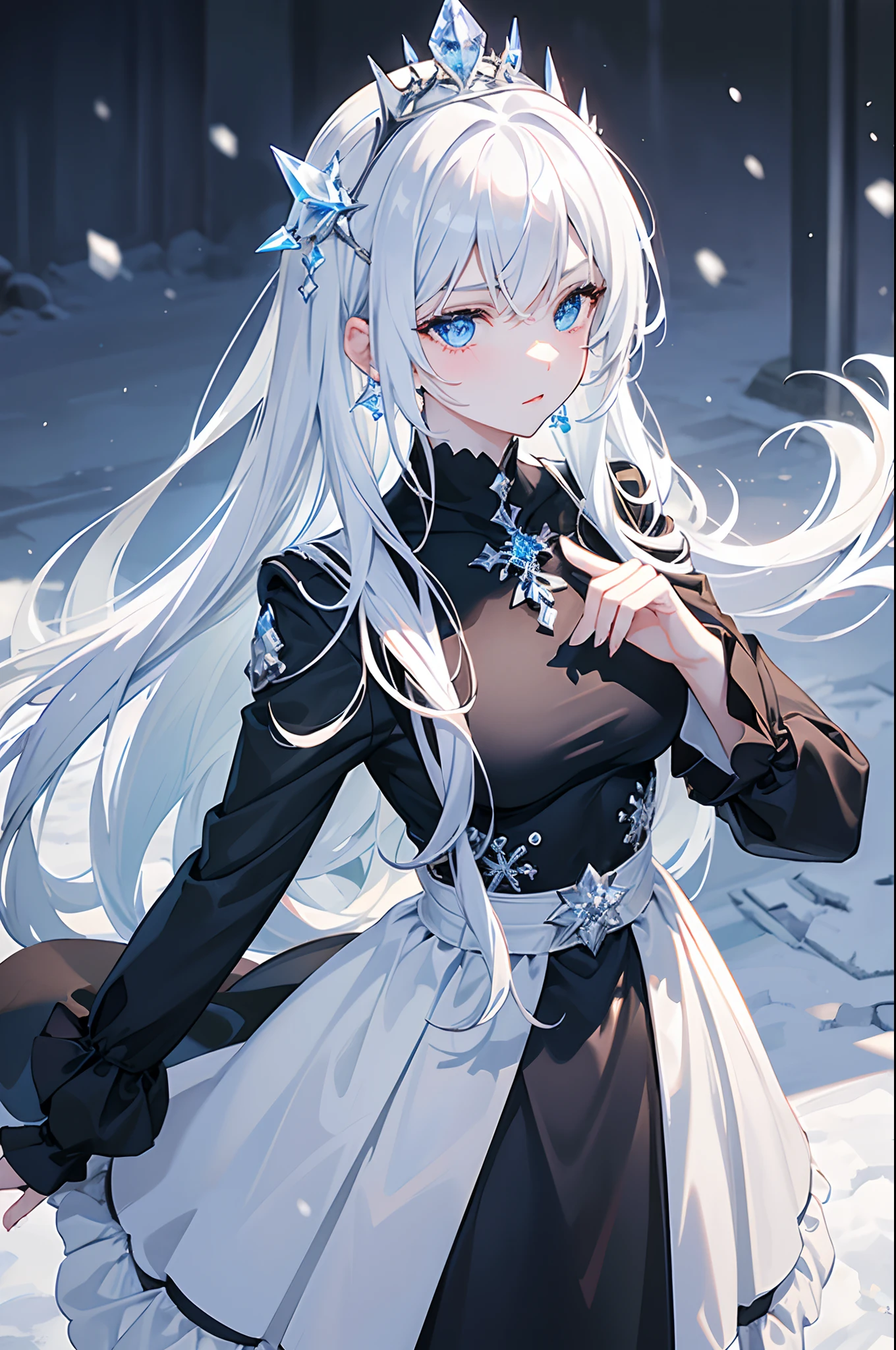 masterpiece, highlydetailed, ultra-detailed, cold, solo, (1girl), (pale skin), icyblue eyes, frosty white hair, cool Chara, flat face, young lady, lady chara, medium boobs, Arrogant, confident, cold face, goddess, cool kuudere girl, sharp eyes, (snowy background), snowflakes, (frozen flowers:0.5), (crystal crown), (sparkling ice crystals), (black modern casual clothes), (snow-covered ground), (icy breath)