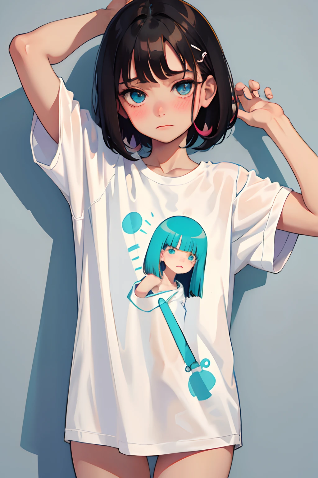 （​masterpiece，Highest Quality），()，((Long white T-shirt，Onepiece))，(A dark-haired，Medium bob)，Turquoise eyes，embarrassed from，sleepy expression，red blush，Delicate body