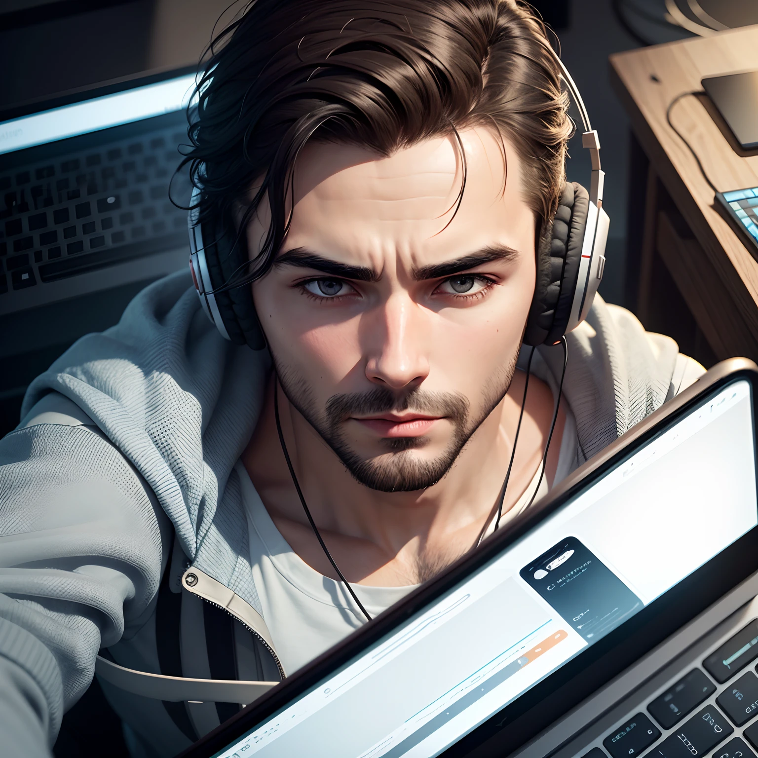 Generate an a man in front of computer with headphones and develop an ios application