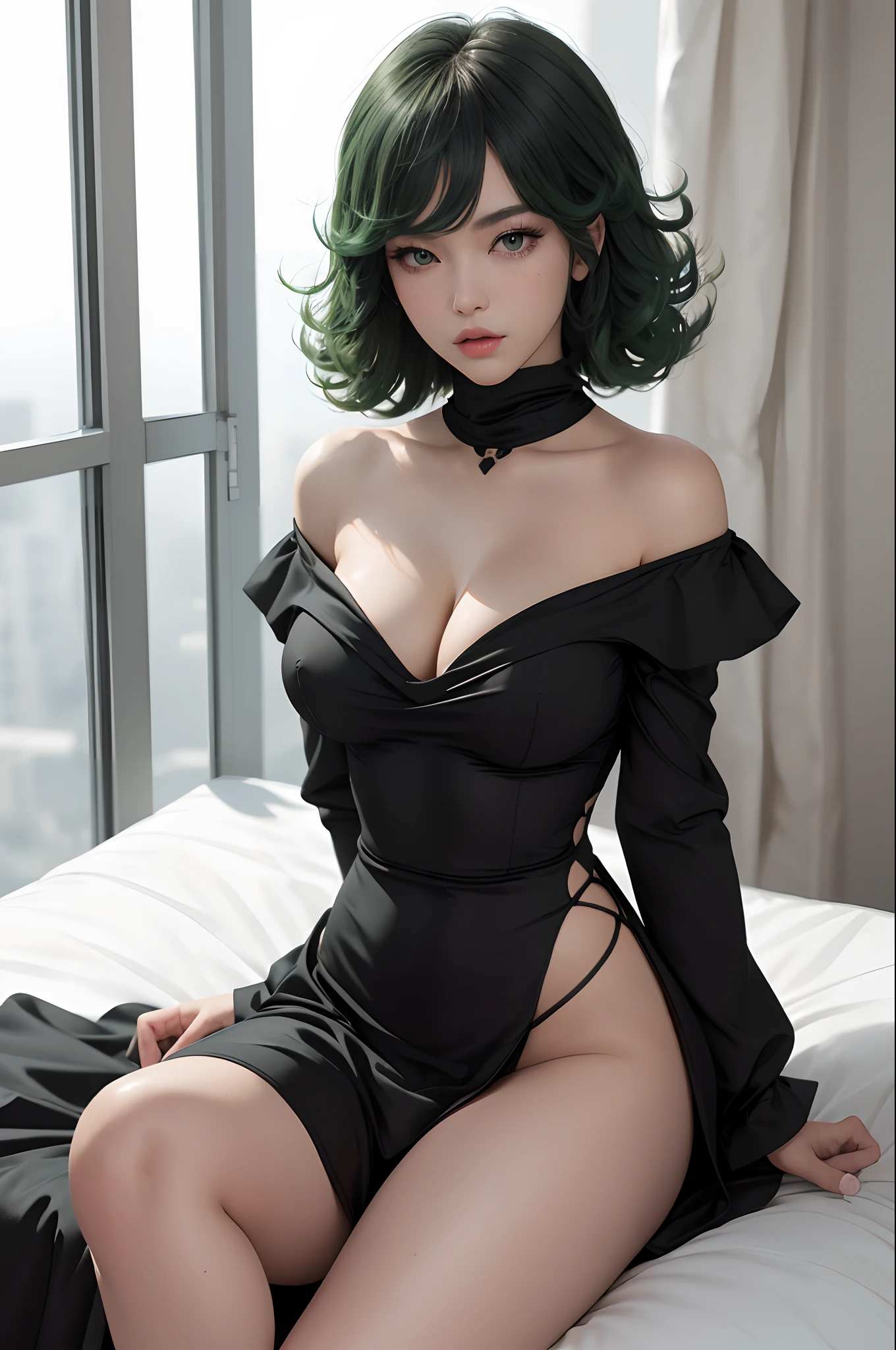 (Masterpiece, Best quality), 1girll, Beautiful face,   tatsumaki, dress, Black dress,Large breasts，cleavage，Off-the-shoulder attire