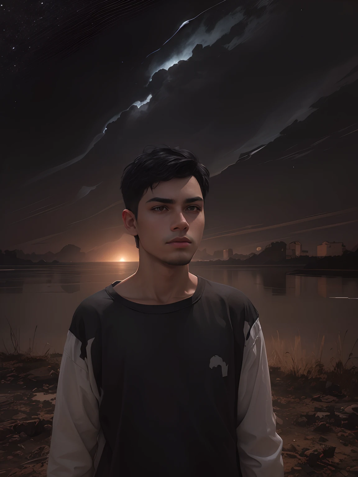 Boy made in abys, black hair, in the darkness