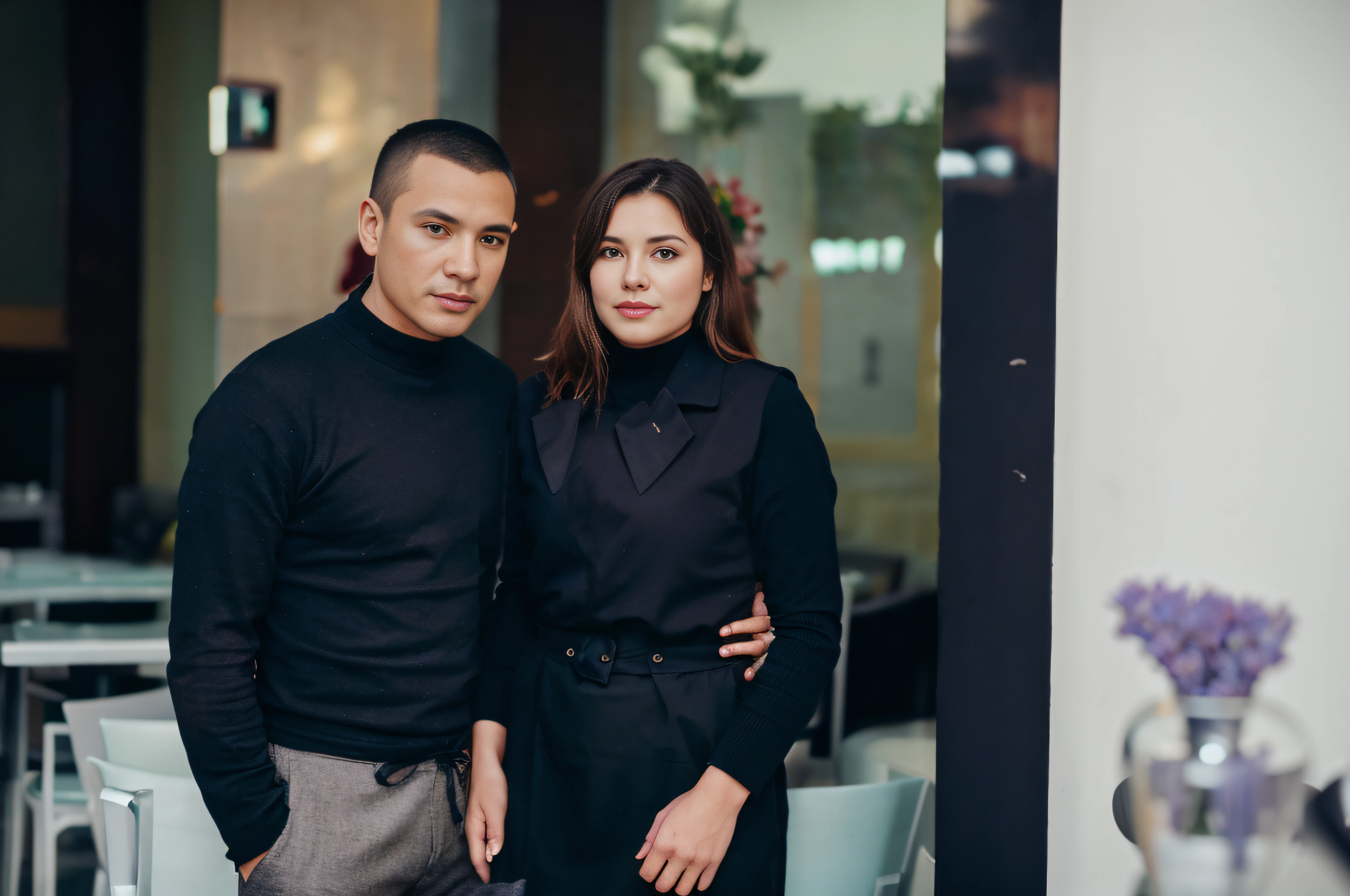 They stand in a restaurant with a vase of flowers,