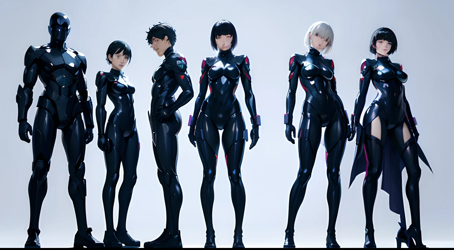 Ghost in the Shell、Ghost in the Shell、stand alone complex、((1 female、5 men))、simple background、white backgrounid、Full body like、Stand at equal intervals