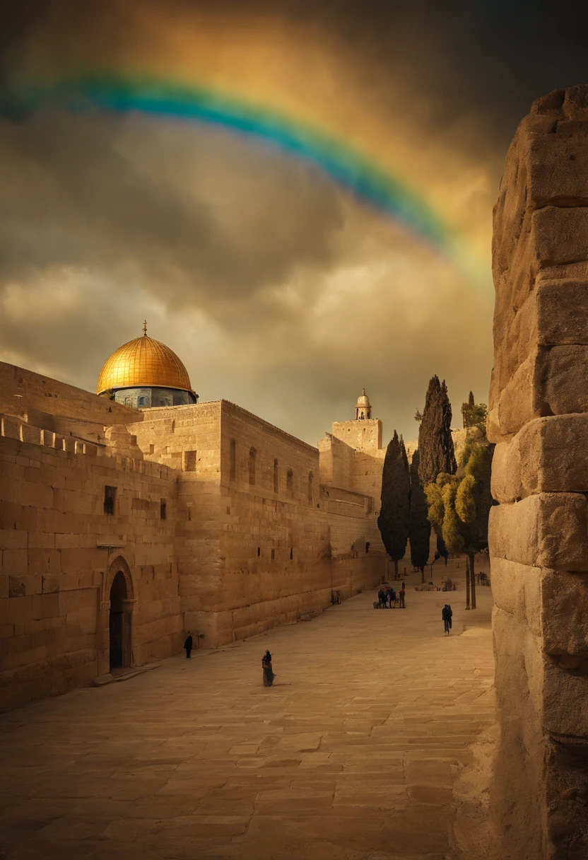 photographic, National Geographic quality picture, award winning, (Best Detailed: 1.5), (best quality: 1.5) picture of the Western Wall in Old City Jerusalem (an exact detailed: 1.5), The Western Wall (best detailed, best quality: 1.5) in all is antiquity, reverence, and divinity, central focus to the Jewish faith, and a magnificent, (vibrant full spectrum rainbow: 1.3) , it is lightly clouded there are some sun rays, the old city of Jerusalem (best detailed, best quality: 1.5) background, best quality, (extremely detailed: 1.5), picture taken from a medium range, ultra wide shot, photorealism, depth of field, hyper realistic, 2.5 rendering,