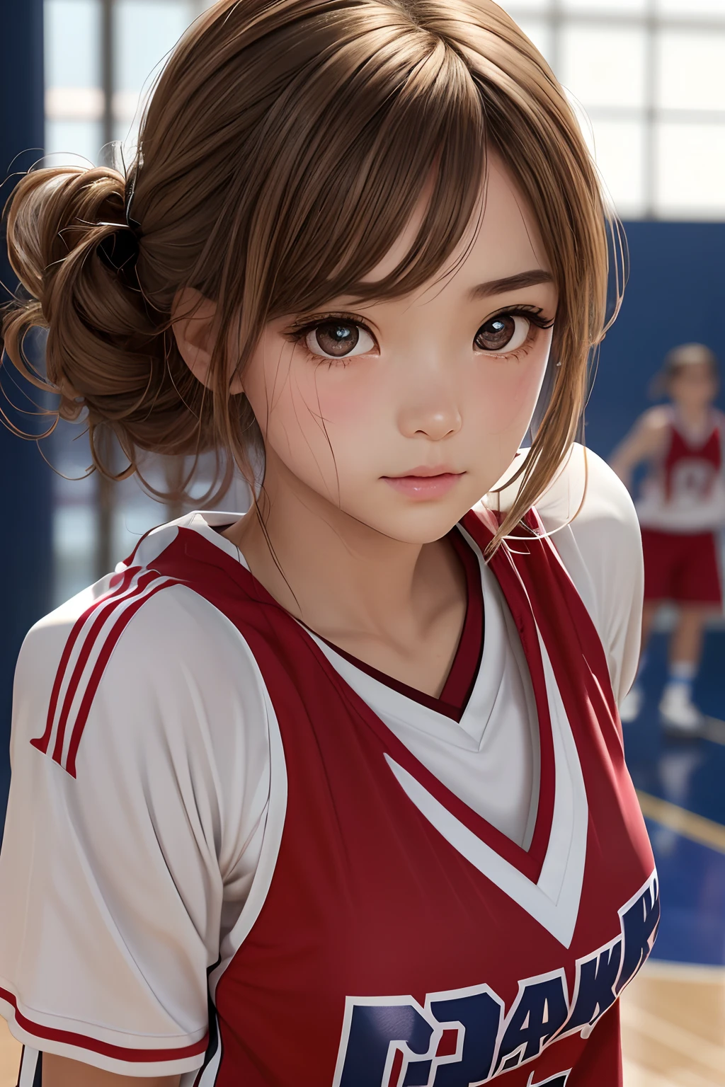 (Details of a very cute face), (Best Quality:1.4), 8K resolution, High resolution, 1girl in, Japanese,  girl, Cute girls of the finest, Super cute detailed face, Hair to the shoulders、Light brown colored hair、 Basketball Uniform, Basketball court, Realistic, Sweating, ,7headed body、Brown eyes、big eye、drooing eyes、huge tit