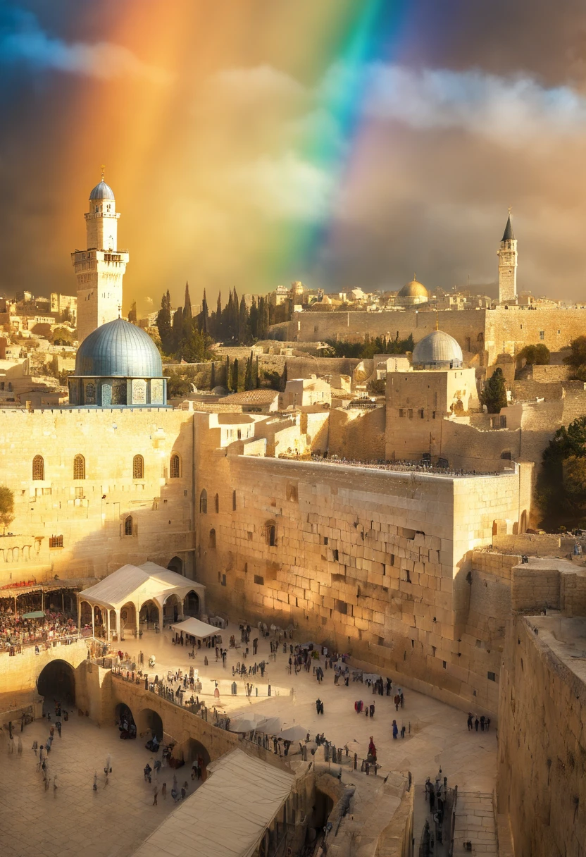 photographic, National Geographic quality picture, award winning, (Best Detailed: 1.5), (best quality: 1.5) picture of the Western Wall in Old City Jerusalem (an exact detailed: 1.5), The Western Wall (best detailed, best quality: 1.5) in all is antiquity, reverence, and divinity, central focus to the Jewish faith, and a magnificent, (vibrant full spectrum rainbow: 1.3) , it is lightly clouded there are some sun rays, the old city of Jerusalem (best detailed, best quality: 1.5) background, best quality, (extremely detailed: 1.5), picture taken from a medium range,  ultra wide shot, photorealism, depth of field, hyper realistic, 2.5 rendering,