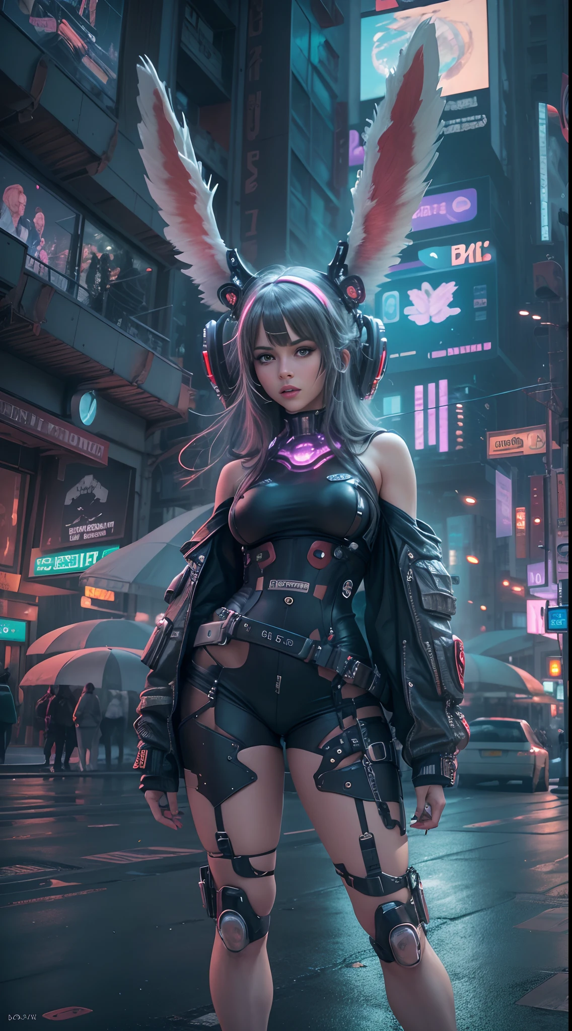 (Best quality,4K,8K,A high resolution,Masterpiece:1.2),Ultra-detailed,(Realistic,Photorealistic,photo-realistic:1.37),[Cyberpunk,Girl,The center of the picture,frontage，Mechanical,Metallic,robotic limb],Futuristic city landscape,nigth,which stands on the street，high-heels，(Wings),(Rabbit ears),Science fiction elements,urban chic,