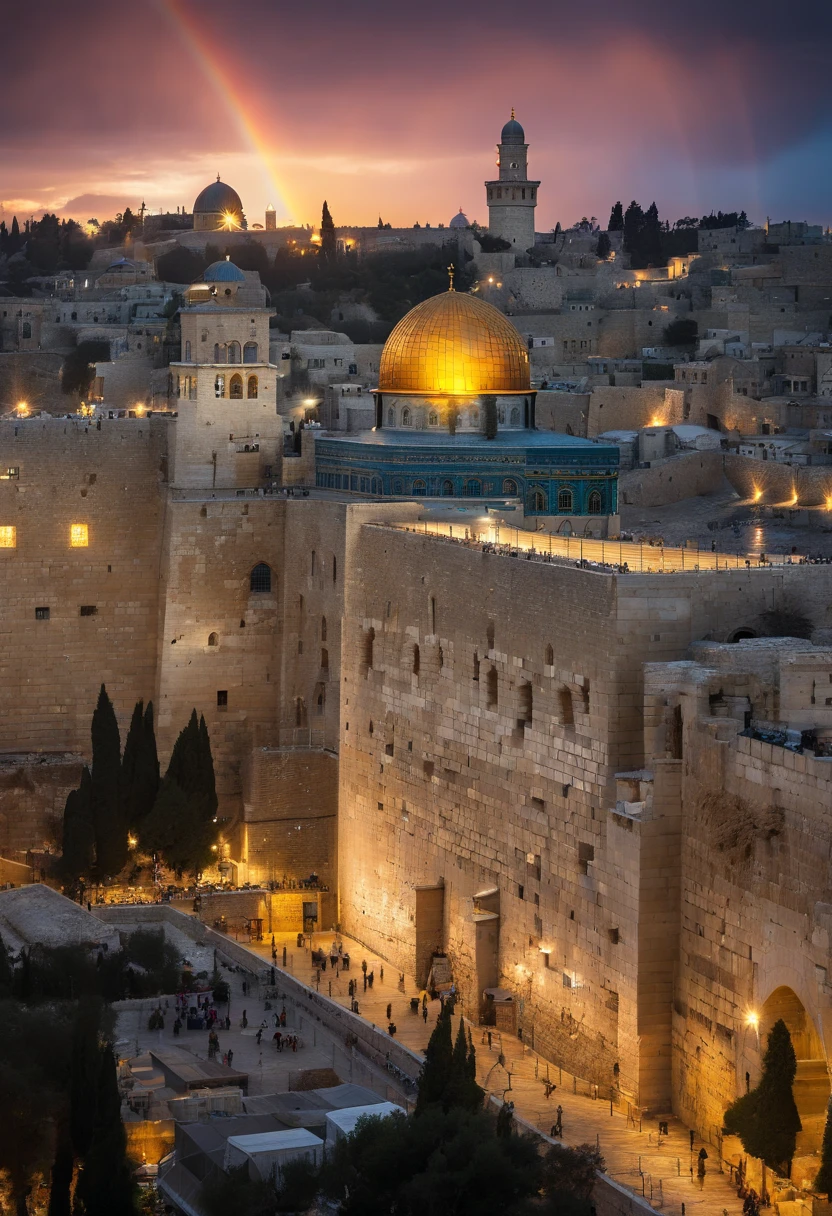 photographic, National Geographic quality picture, award winning, (Best Detailed: 1.5), (best quality: 1.5) picture of the Western Wall in Old City Jerusalem (an exact detailed: 1.5), The Western Wall (best detailed, best quality: 1.5) in all is antiquity, reverence, and divinity, central focus to the Jewish faith, and a magnificent, (vibrant full spectrum rainbow: 1.3) , it is lightly clouded there are some sun rays, the old city of Jerusalem (best detailed, best quality: 1.5) background, best quality, (extremely detailed: 1.5), picture taken from a medium range, ultra wide shot, photorealism, depth of field, hyper realistic, 2.5 rendering,