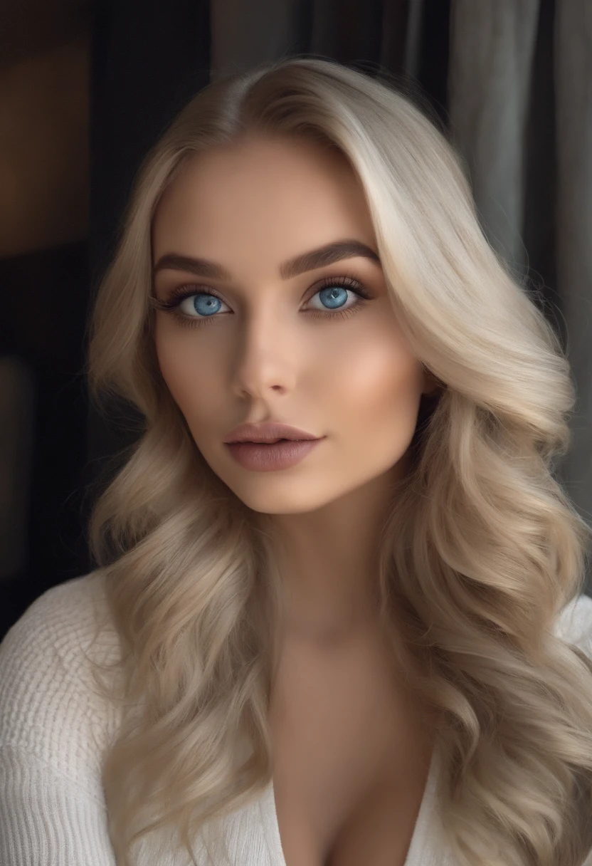 Arafed Frau komplett , Sexy girl with blue eyes, Ultra-realistisch, Akribisch detailliert, portrait sophie mudd, blonde hair and large eyes, Selfie einer jungen Frau, Kammeraugen, Violet Myers, Frei von Make-up, Natural makeup, Hyperrealist,Blick direkt in die Kamera, Gesicht mit Artgram, Dezentes Make-up, Great photo of the whole body kneeling on the bed, im Zimmer, medium to large bust size; ; ;Sofort