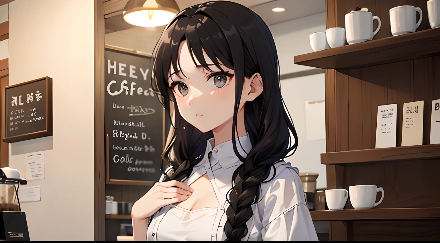 A woman with her hands on her chest(A dark-haired、Braided hair、Clerks at a coffee shop、Wearing a black apron、Wearing a white shirt、Troubled look)、Facing the front、Looking here、The background is inside a coffee shop