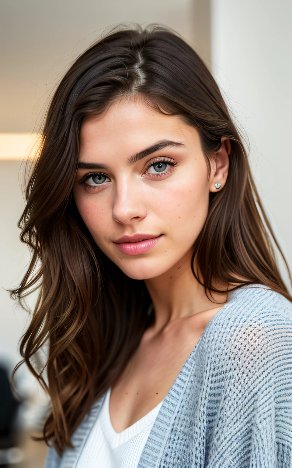 beautiful brunette wearing light beige sweater (taking care of nails in a modern beauty salon), very detailed, 21 years old, innocent face, natural wavy hair, blue eyes, high resolution, masterpiece, best quality, intricate details, highly detailed, sharp focus, detailed skin, realistic skin texture, texture, detailed eyes, professional, 4k, charming smile, shot on Canon, 85mm, shallow depth of field, kodak vision color, perfect fit body, extremely detailed, foto_\(ultra\), photorealistic, realistic, post-processing, maximum detail, roughness, real life, ultra realistic, photorealism, photography, 8k uhd, photography
