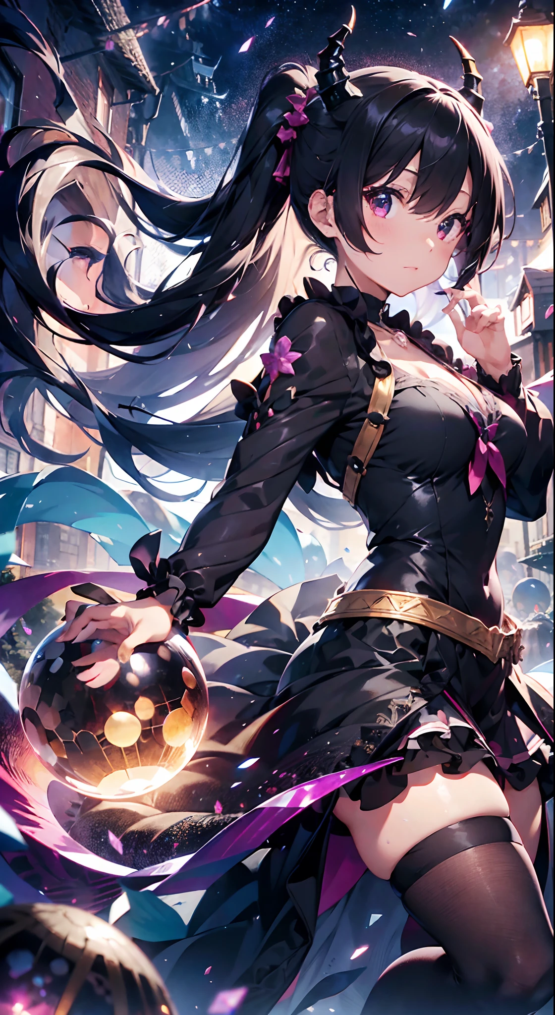 Stand from the side、Transparent crystal ball、chies、crystal necklace、First old age、Close both eyes。(((masutepiece))),((ultra-detailliert,Best Quality, hight resolution, 8K Wallpaper, Beautiful clothes,))eyeshadows, eye line,35-year-old girl。goddes、black robes。Black hair、Very long hair、Uphair。perm。Have a big crystal ball。Princess hairstyle Full body black Fight bravely Fight in maid clothes dyed black all over her body It is an adult female with dragon horns and tail。 Dark night alley on background Humanize your fingers