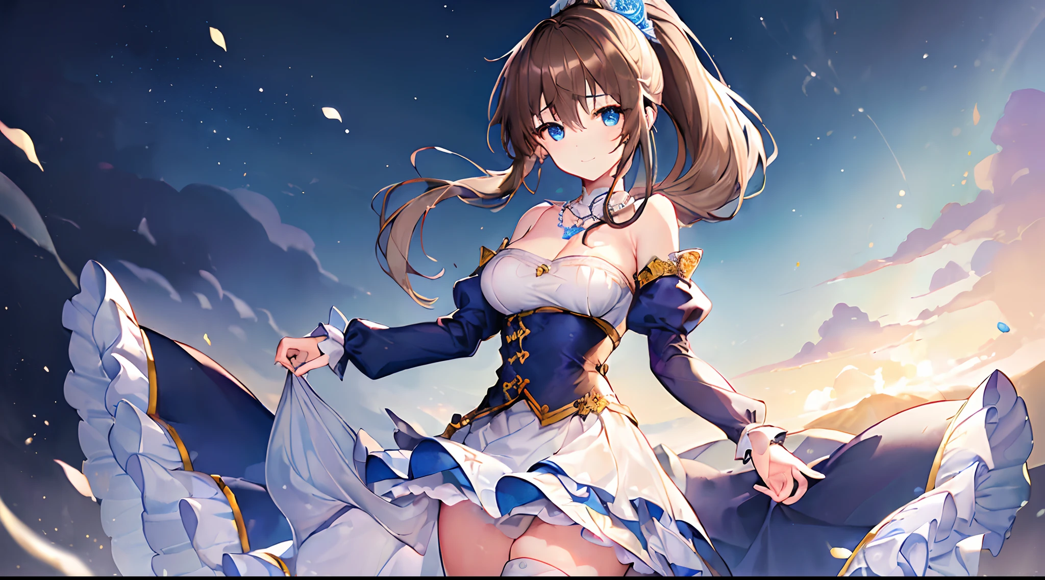 (top-quality:1.5)、(masterpiece:1.5)、(hight resolution:2.0)、Beauty alone、Adult sister、Noble atmosphere、(A slight smil)、blue eyess、(light brown hair:1.5)、Longhaire、Hair that spreads naturally、(High Ponytail:1.5)、((Blue Princess Dresses))、Gold Decoration Dresses、tiered layers skirt、Strapless、long sleeves of detachment、、puffy sleeve、large full breasts、There is a valley、open clothes、a necklace、White mini skirt、((Black knee socks))、(Absolute area)、Mare、Bunching hair、(FULL BODYSHOT)、White rose hair ornament、A detailed face、backlighting、dark