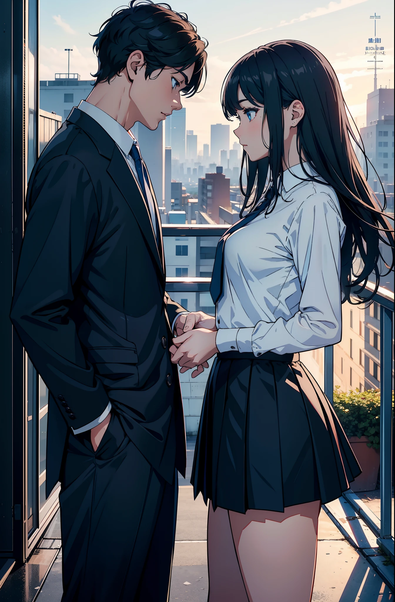 (top-quality、masterpiece、8K)On the rooftop A man confesses his love to a woman Woman is surprised Blue eyes A dark-haired high-school uniform Women's skirt knee length comic strip