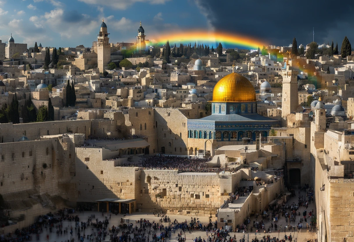 photographic, National Geographic quality picture, award winning, (Best Detailed: 1.5), (best quality: 1.5) picture of the Western Wall in Old City Jerusalem (an exact detailed: 1.5), The Western Wall (best detailed, best quality: 1.5) in all is antiquity, reverence, and divinity, central focus to the Jewish faith, and a magnificent, (vibrant full spectrum rainbow: 1.3) , it is lightly clouded there are some sun rays, the old city of Jerusalem (best detailed, best quality: 1.5) background, best quality, (extremely detailed: 1.5), picture taken from a medium range, ultra wide shot, photorealism, depth of field, hyper realistic, 2.5 rendering,