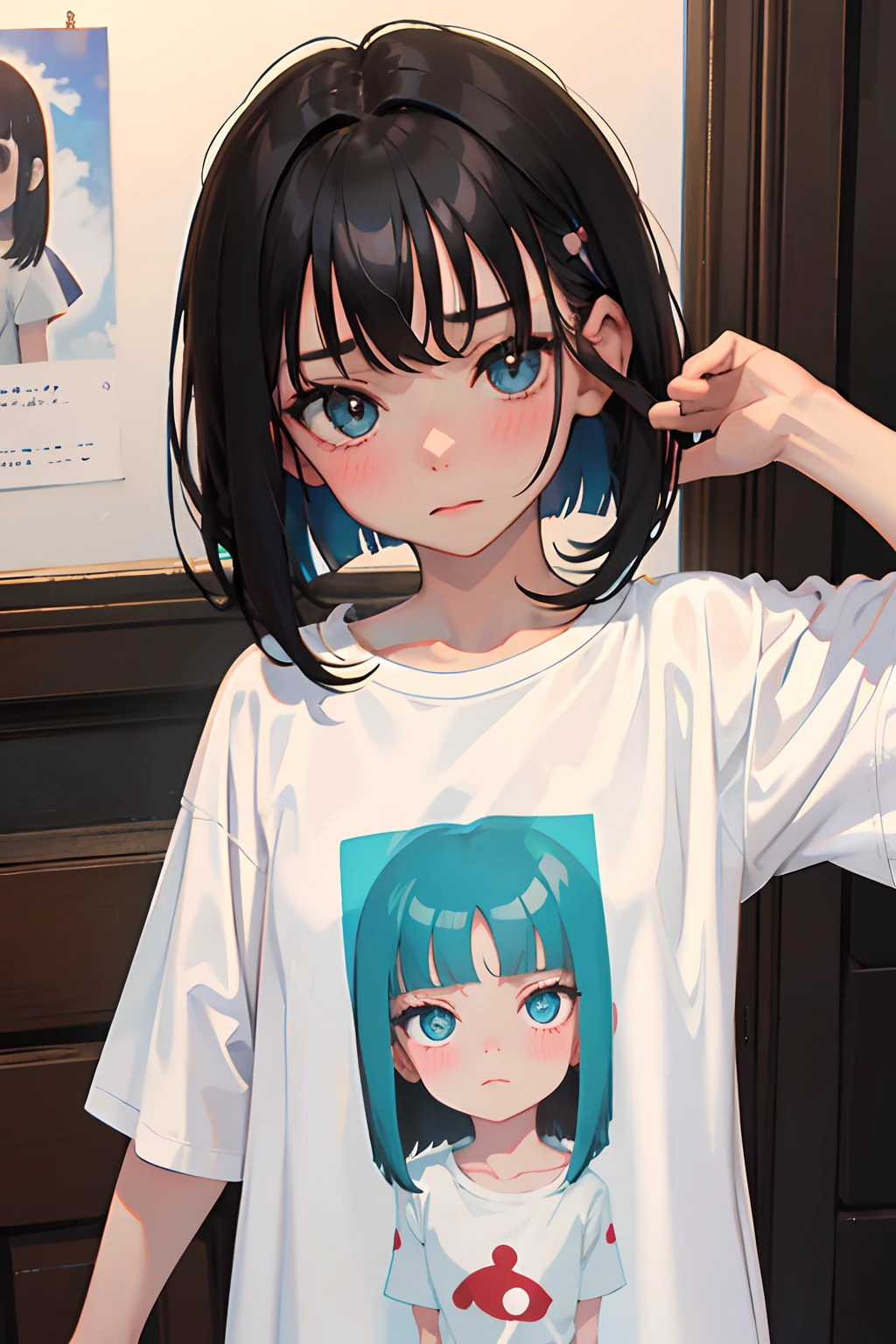(masterpiece,Highest Quality),(),((Long T-shirt in plain white,Onepiece)),Text Print,(A dark-haired,Medium bob),Turquoise eyes,embarrassed from,sleepy expression,red blush,Delicate body