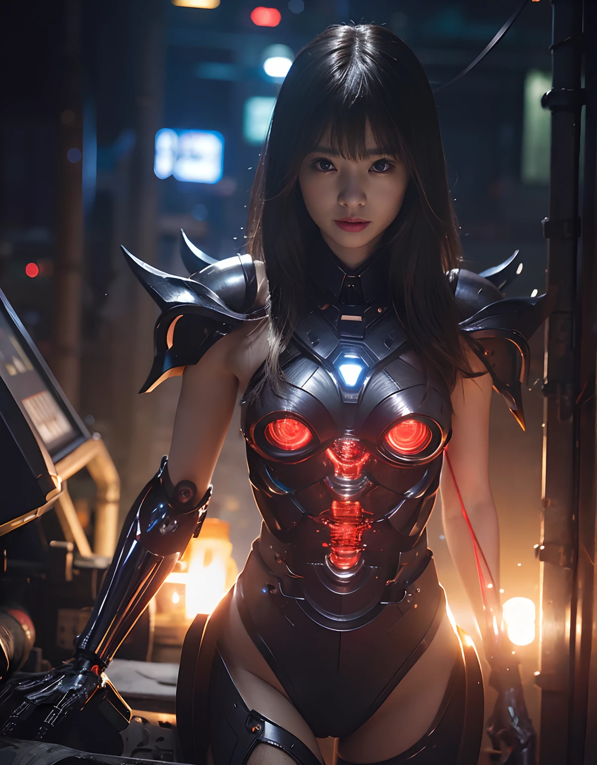 (1 mechanical girl)、top-quality、tmasterpiece、超A high resolution、(Photorealsitic:1.4)、RAW photo、1 rapariga、Fight against mutants、glowy skin、(((1 mechanical girl)))、With a beautiful knife、（Blue metal tights）、（Fierce battles with aliens）、Guild wars、(Beautiful forest backgrounds)、(Battle demon beasts)、(Small light-emitting diodes)、((Super realistic details))、porate、(Powerful giant monster background),globalillumination、black shadows、octan render、8K、ultrasharp、Colossal tits、Raw skin is exposed in cleavage、metals、Details of complex ornaments、Japan Details、highly intricate detail、Realistic light、(enigmatic expression),CGSoation trends、Red eyes、Radiant eyes、Facing the camera、neon light detail、(Mechanical limbs)、(blood vessels attached to the tube)、Mechanical vertebrae attached to the back、mechanical cervical attaching to neck、(wires and cables connecting to head)、gundam、Small light-emitting diodes、,Mechanical thighs、Tustock、（Hands are also made of machines）、（Monster attacks）、（Wounded in a fatal battle）、