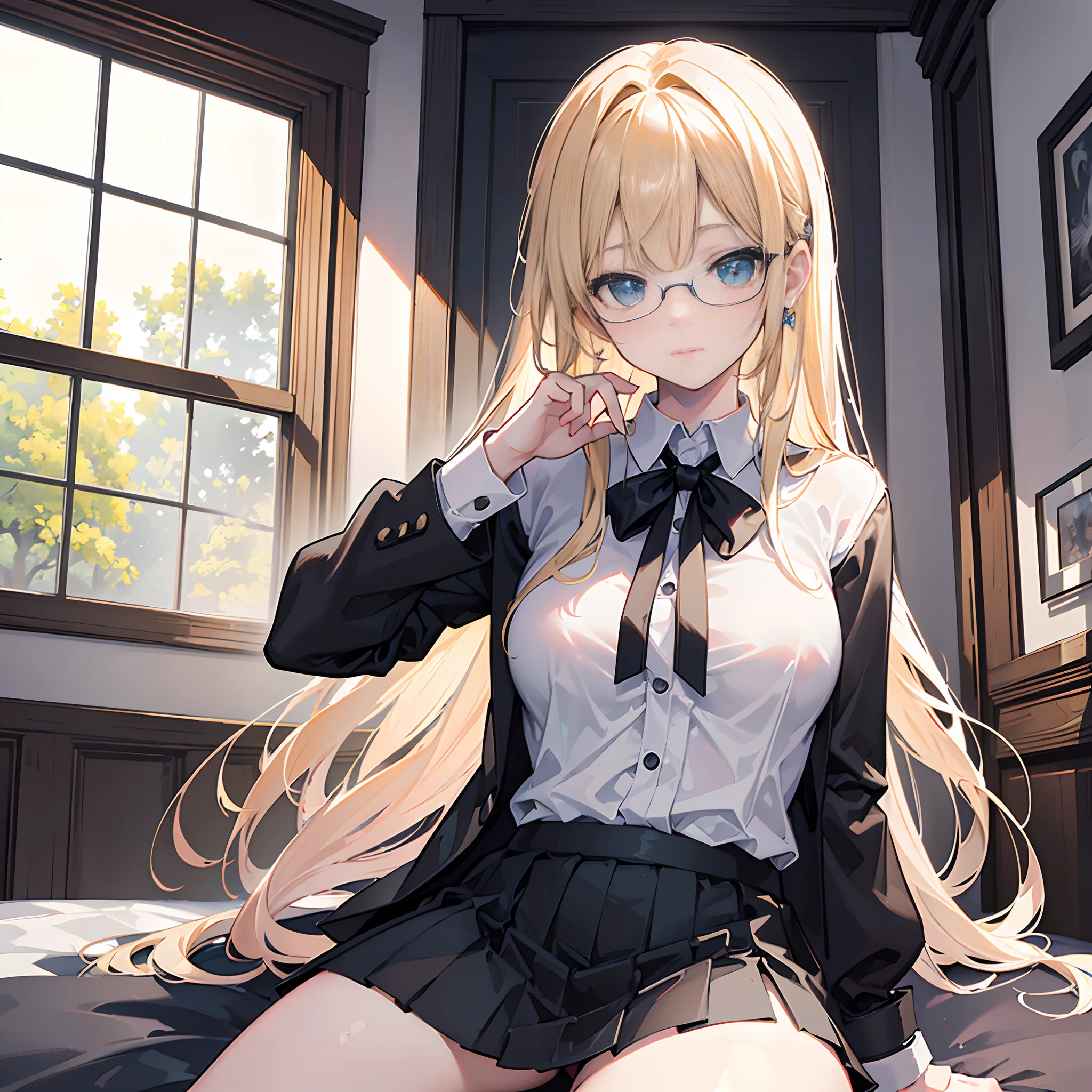 top-quality、supreme1People Girls,hightquality,A detailed face、A detailed eye、Detailed nose、Detailed mouth、 Beautiful expression, ((masuter piece)), ((High resolution)), ((Best Quality)), detail, (NSFW:1.4 ,With a disgusting face,Glaring at this), ((Skin shiny with sweat)), (shool uniform:1.2、Loose socks)、 girl with, a blond, (Half Twin Tail)、Sit at a desk and open your legs:1.3、fair white skin:1.3、、Smaller chest, cinmatic lighting, perfectly shaded,(((girl's own room))), Realistic lighting with shades,Reflecting the whole body