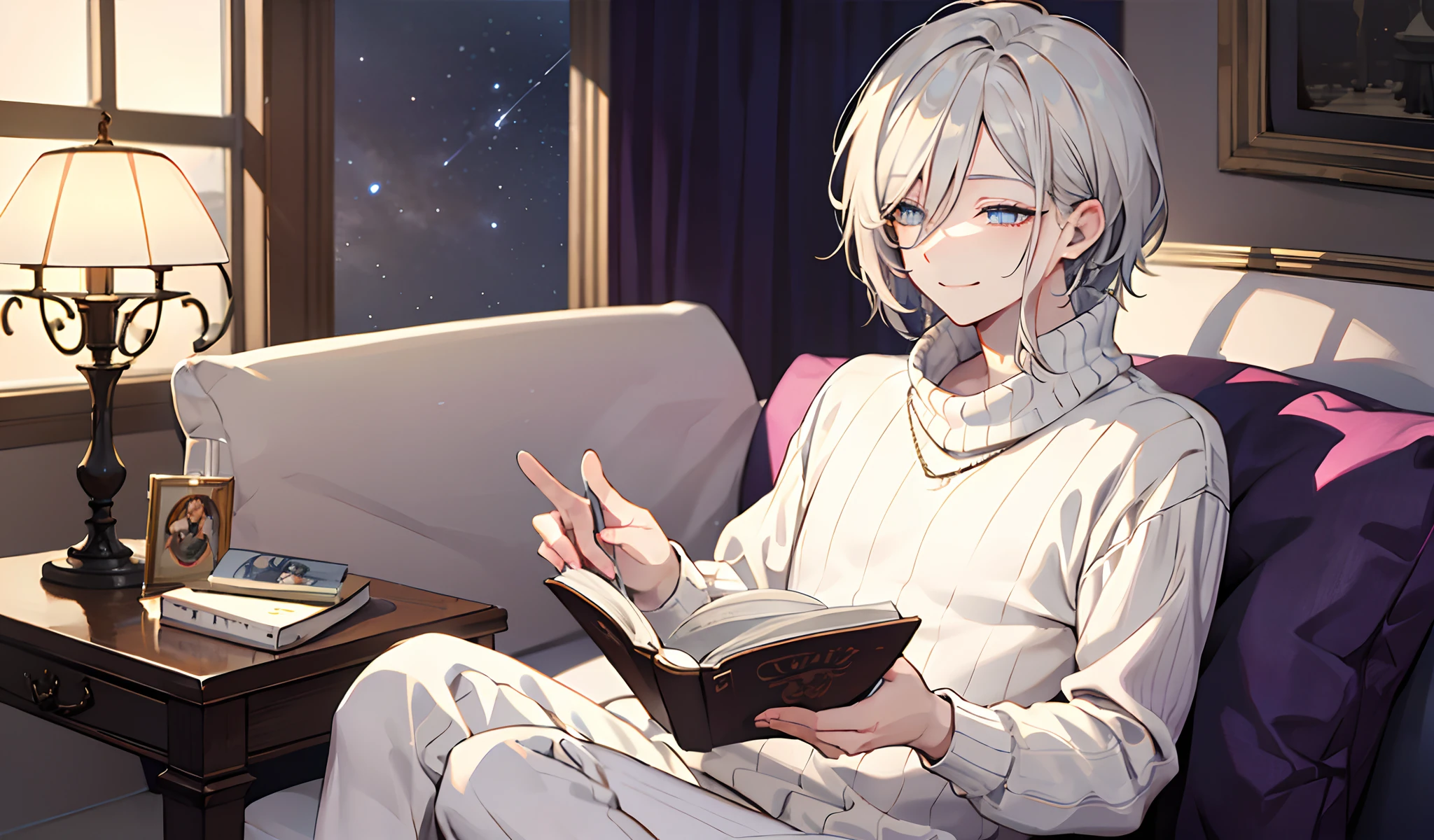 1 man, sitting on a couch, blank expression, smiling, detailed eyes, stars in eyes, half closed eyes, white hair, white eyelashes, indoor background, rim lighting, beautiful lighting, looking down, 1man, traditional anime style face, full body illustration, oversized beige turtleneck sweater, reading a book, cozy, depth of field, beautiful lighting, side table, lamp, window, stars