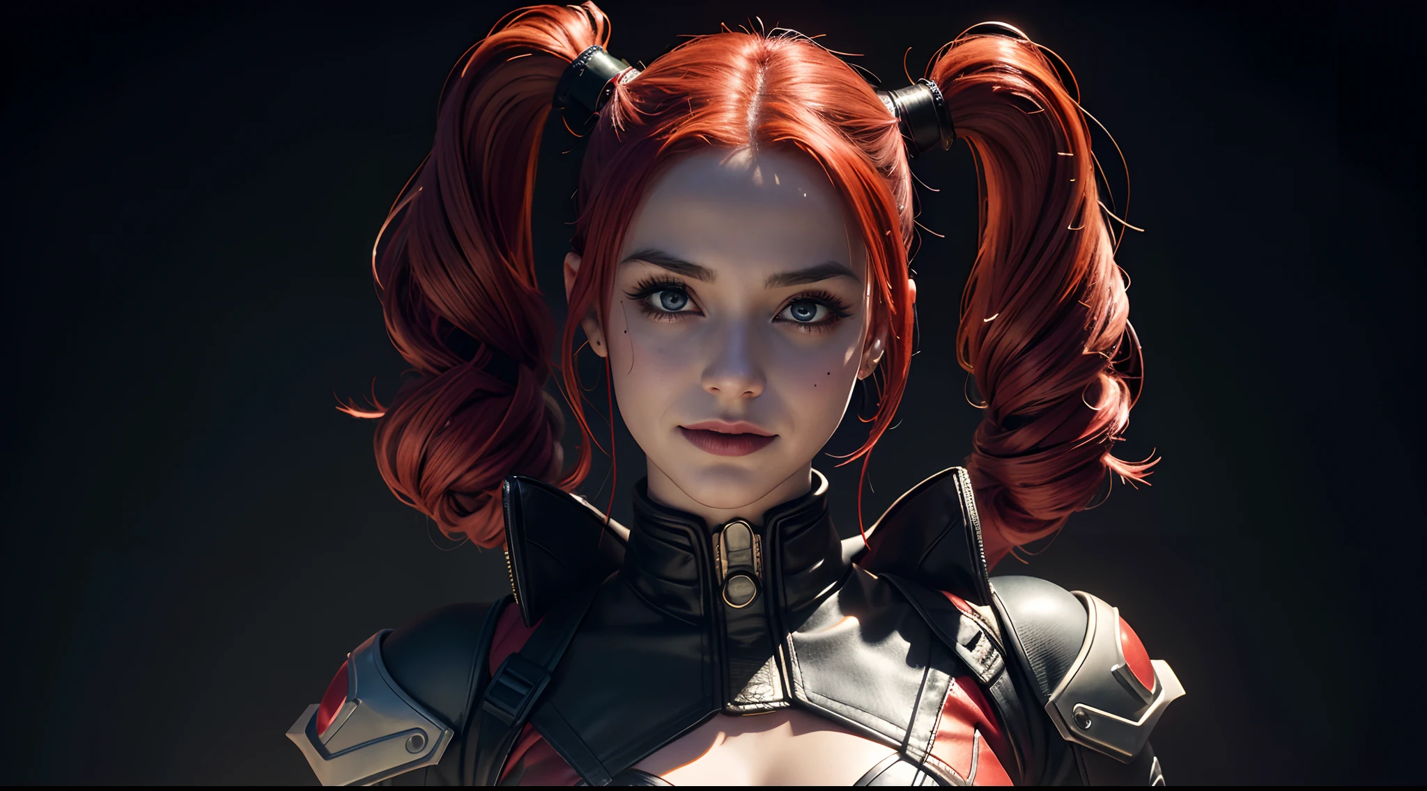 Harley Quinn in a futuristic suit that glows and lights up, on a black background. She wears a red and black suit that has a diamond pattern and a jester collar. Her suit has various wires and lights that flash and change colors. Her hair is also dyed in red and black and has two pigtails that have LED bulbs at the ends. She holds a large hammer that has a smiley face and a bomb on it.
in night, Huge and complex technical background, (Masterpiece), (Detailed), (intricate details), (Realistic, photo-realistic:1.37), extreamly delicate and beautiful, 8k wallpaper, absurdress, incredibly absurdres, Ultra-detailed, hight resolution, Extremely detailed
CGI with clear focus, Photorealistic, Details of the future, high detail, Realistic, Masterpiece, absurdress, Best Quality, HDR, hiquality, hight resolution, Extremely detailed, 8k wallpaper, intricate details, 8K UHD, Full-HD, (foto realista:1.2), Contrast, sharp lighting, Cinematic lighting, natural lighting, hard light, Backlighting, Global Illumination, Environment Occlusion