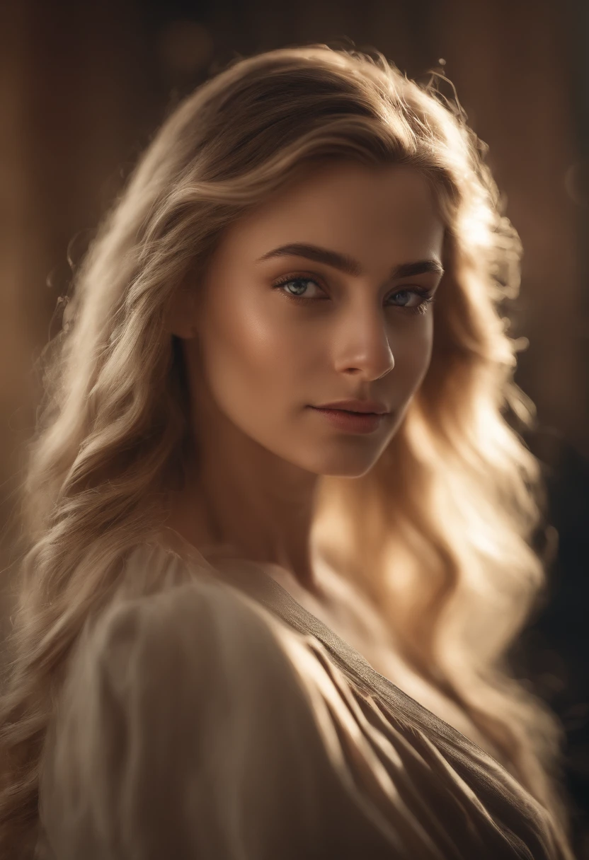 (realistic,photorealistic:1.37),best quality,ultra-detailed,professional,portraits,extremely detailed face,beautiful detailed eyes and face,beautiful detailed lips,gorgeous detailed expression,[Elizabeth Olsen],(skilfully painted,oil painting),[completely nude],(natural lighting),(soft,subtle) colors,hypnotizing gaze,[longcurlyhair,tieduphair],[gorgeousmakeup,subtlemakeup],stunning curves,[silky smoothskin,radiantskin],comfortable pose,graceful posture,(graceful,sensual) atmosphere,beautiful surroundings,blurry. She has giant round breasts that are supple and full and they are the focus point of the photo.