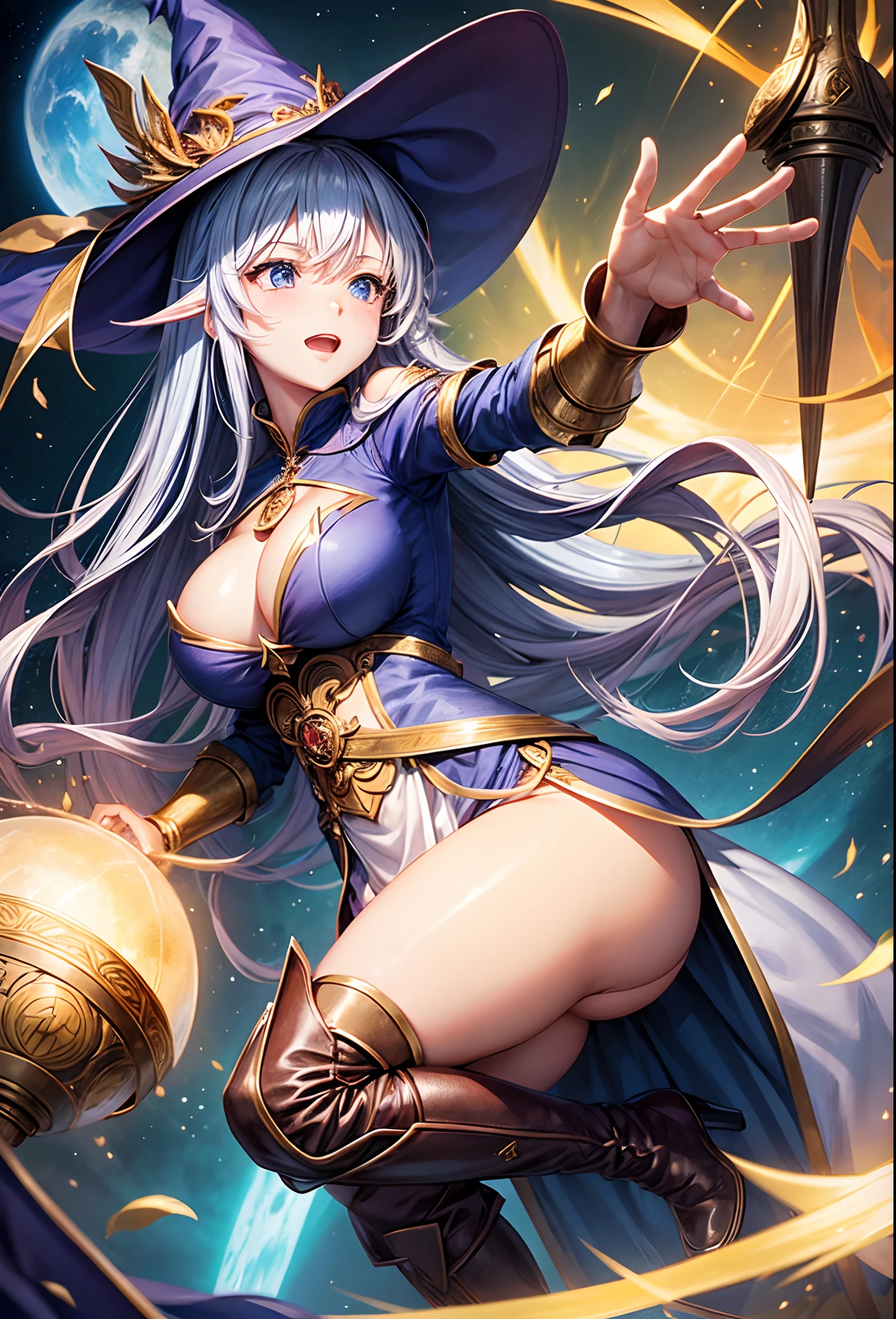 Female Wizard、a beauty girl、huge tit、cana、Long Globe、knee boots、witch's hat、Casting a spell